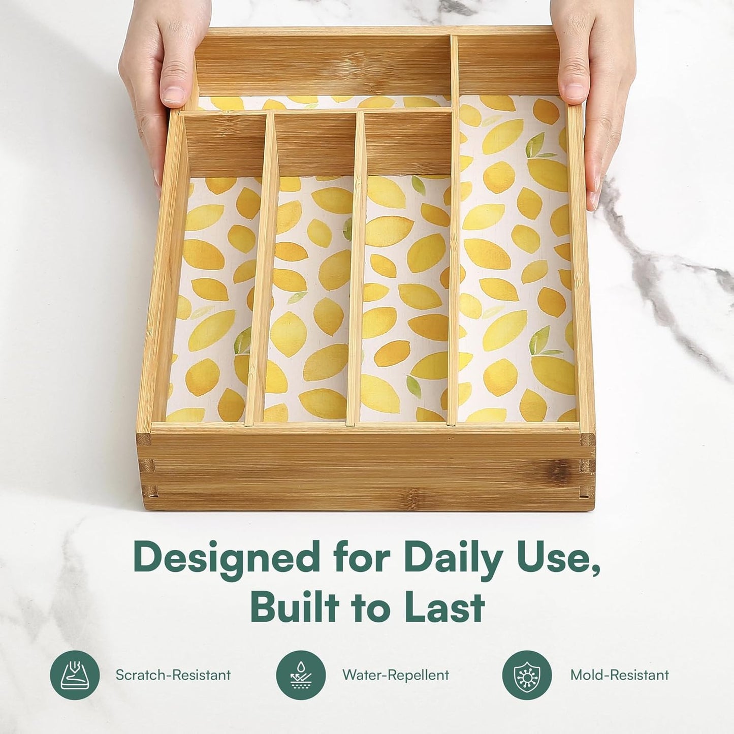 Drawer Organizer - Silverware Organizer with 5 Slots, Lemon Print