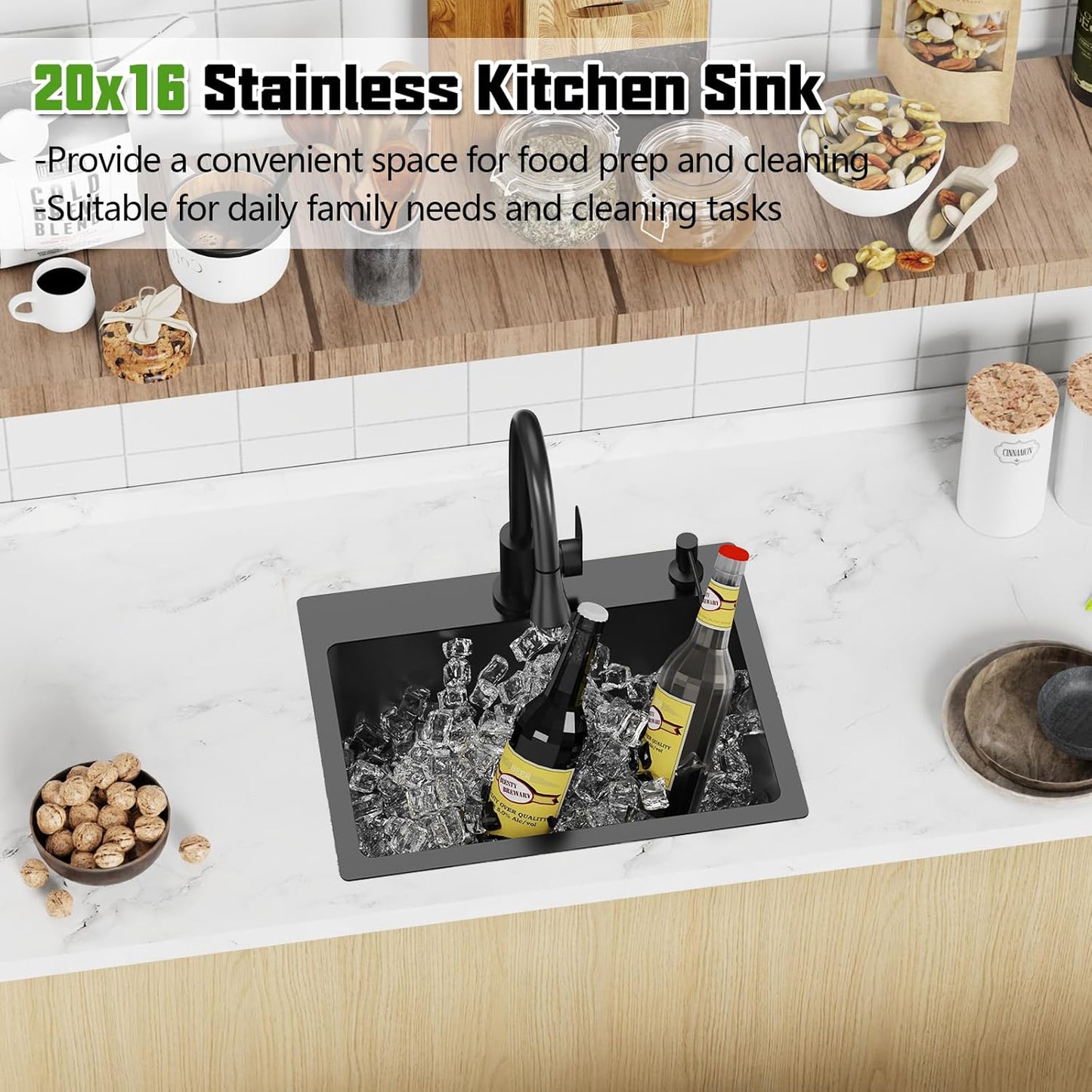 Black 20x16 In Kitchen And Bar Sink- Stainless Steel Drop In Kitchen Sink Modern Single Bowl Topmount Bar Sink With Silicon Mat,Drain Strainer Set Compatibility With Various Kitchen & Bar Style