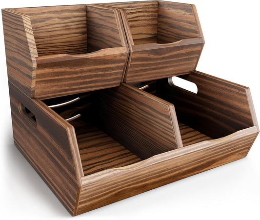 Acacia Wood Pantry Storage Bins – Stackable Open Front Kitchen Baskets for Potato, Onion, Fruit, Bread & More – Rustic Wooden Basket for Pantry (Walnut - Pine Wood)
