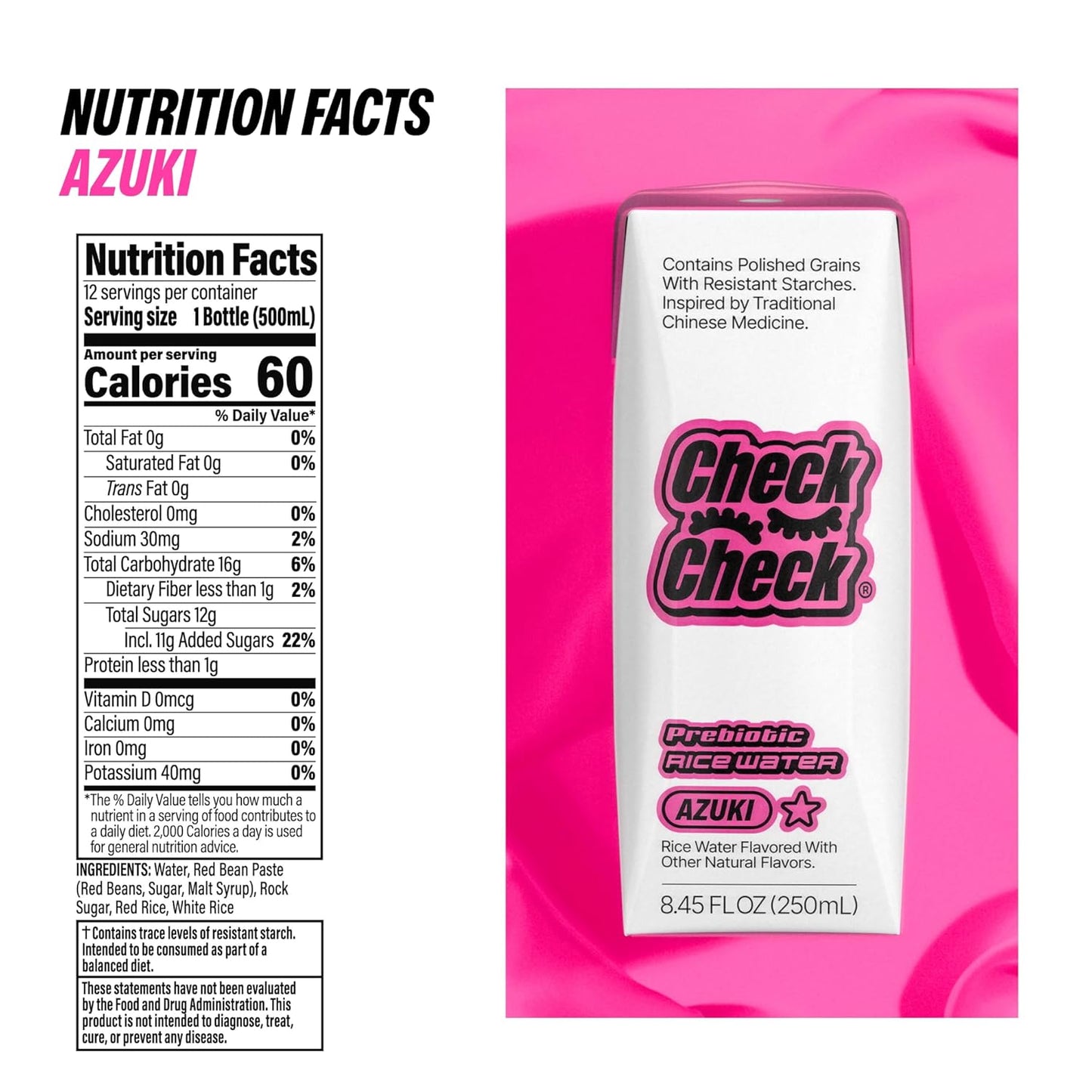 CheckCheck Prebiotic Rice Water, Dawn, Dusk, and Azuki, 12 Pack, 8.45 fl oz Bottles (12 Pack, Azuki)