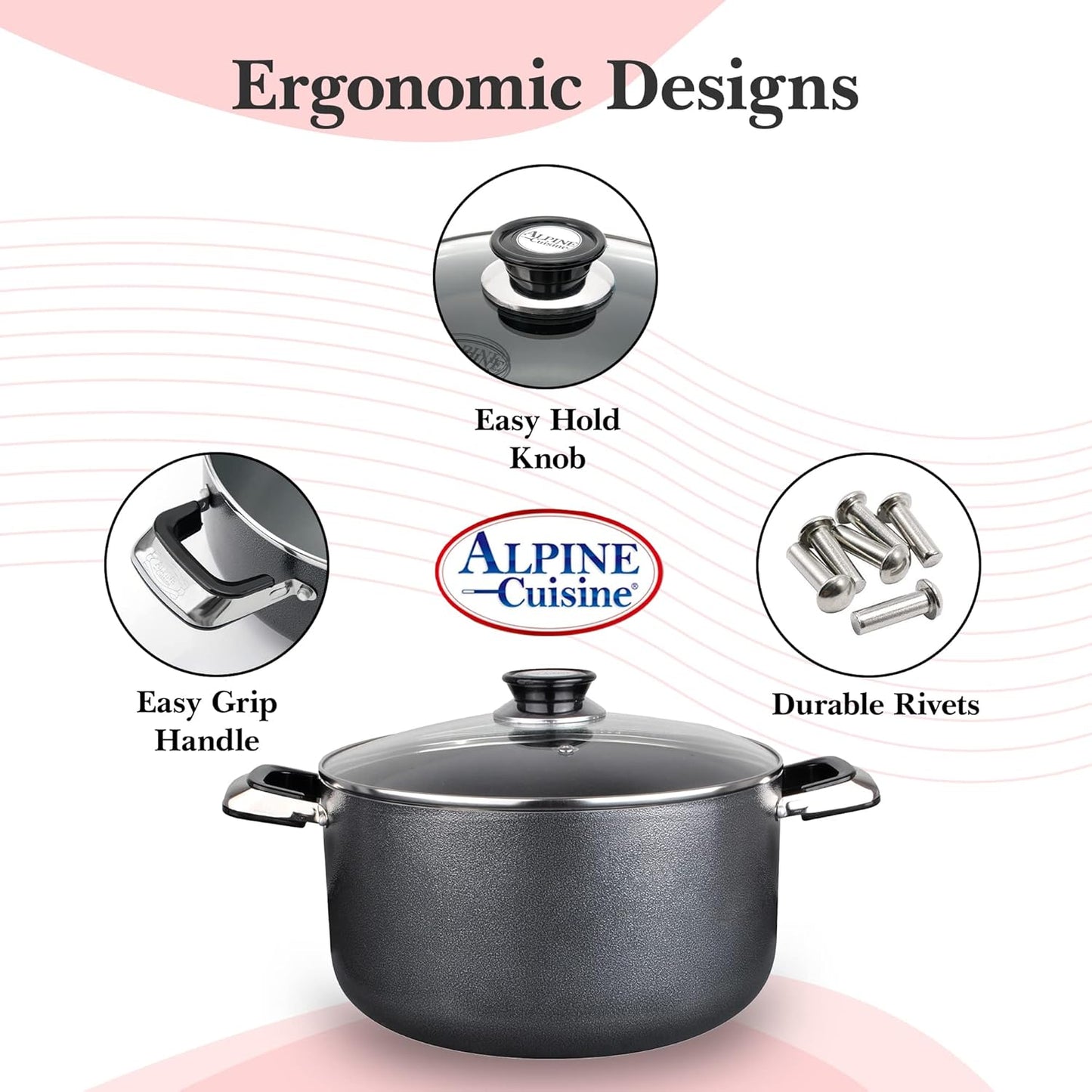 Alpine Cuisine 22 Quart Non-stick Stock Pot with Tempered Glass Lid and Carrying Handles, Multi-Purpose Cookware Aluminum Dutch Oven for Braising, Boiling, Stewing