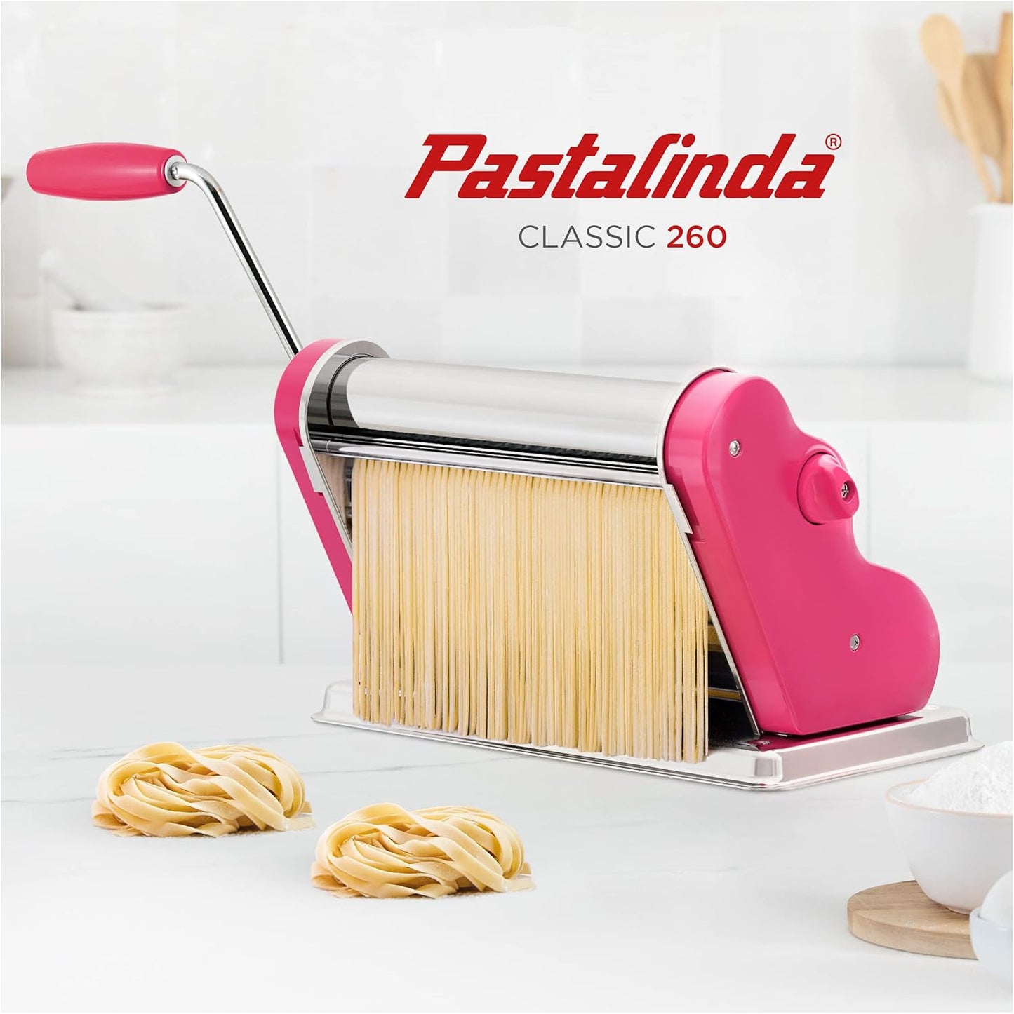 PASTALINDA Classic 260 Pasta Maker Machine, 26 cm Wide Rollers, 9 Thickness Positions, 2 Cutting Positions, Stainless Steel. Includes Reinforced Hand Crank And Two Clamps (Fuchsia)