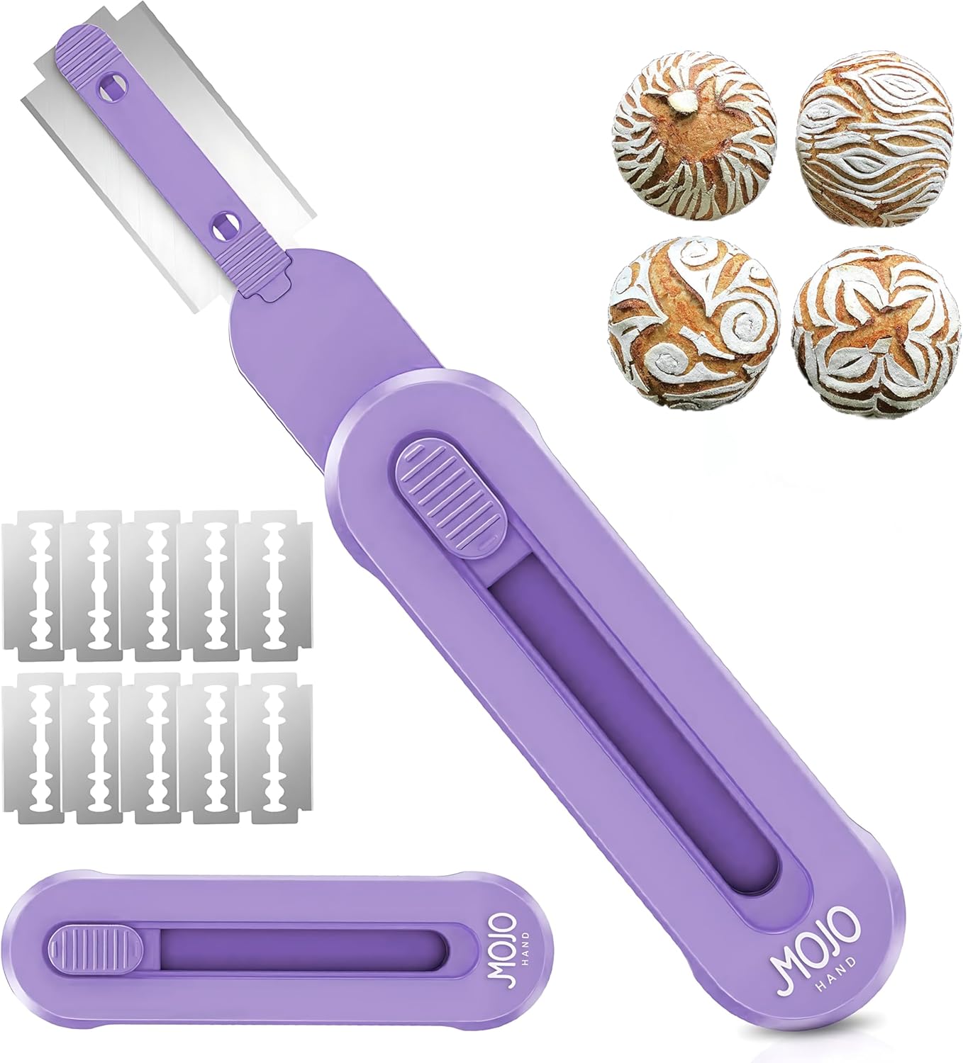 MOJOHAND Bread lame for Dough, Magnetic & Reusable Bread Lame Dough Scoring Tool, Anti-Slip Handle with Long Retractable Razor blades, Sourdough Scoring tool for Bread Making (Purple)