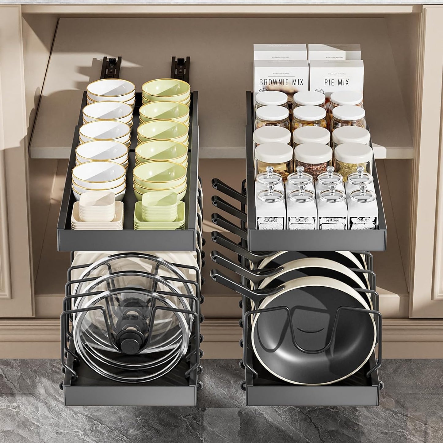 2 Pack Pots and Pans Organizer Under Cabinet, Expandable Pull Out Pot Lid Organizer with 10 Adjustable Dividers, Slide Out Pan Organizers Inside Cabinet for Kitchen Cabinets Drawers