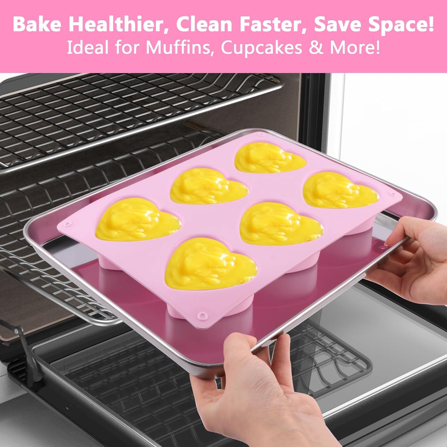 3-Pack 6-Cup Silicone Muffin Pans, Nonstick Cupcake Baking Molds, BPA/PFA-Free, Dishwasher & Oven Safe Heart-shaped Pink