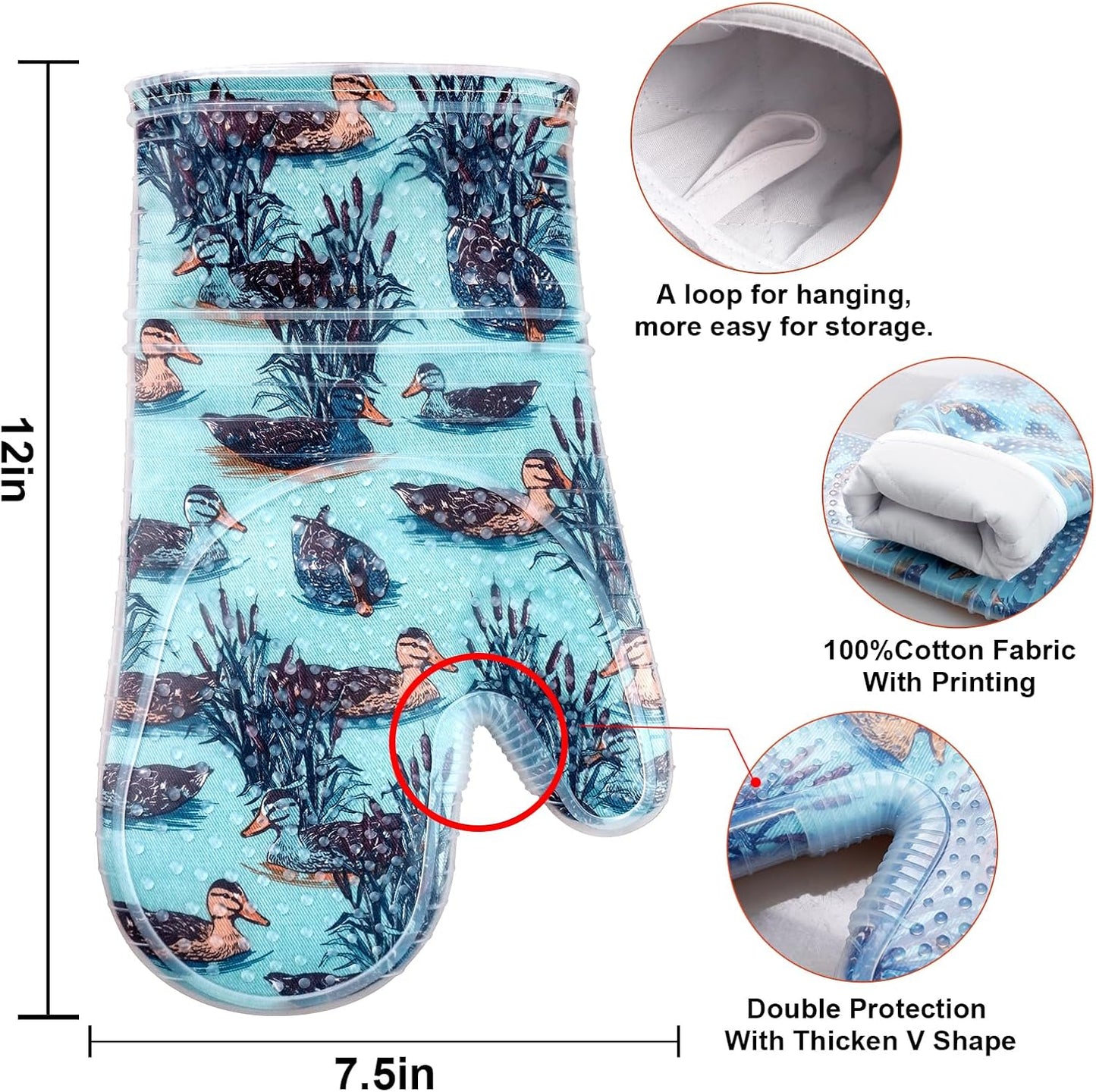 Oven Mitts Set of 2 with Transparent Clear Silicone Shell and Nice Duck Printing Cotton Lining, Heat Resistant to 500 F Kitchen Oven Gloves Pot Holder for Cooking (Wathet Blue, Oven Mitts)