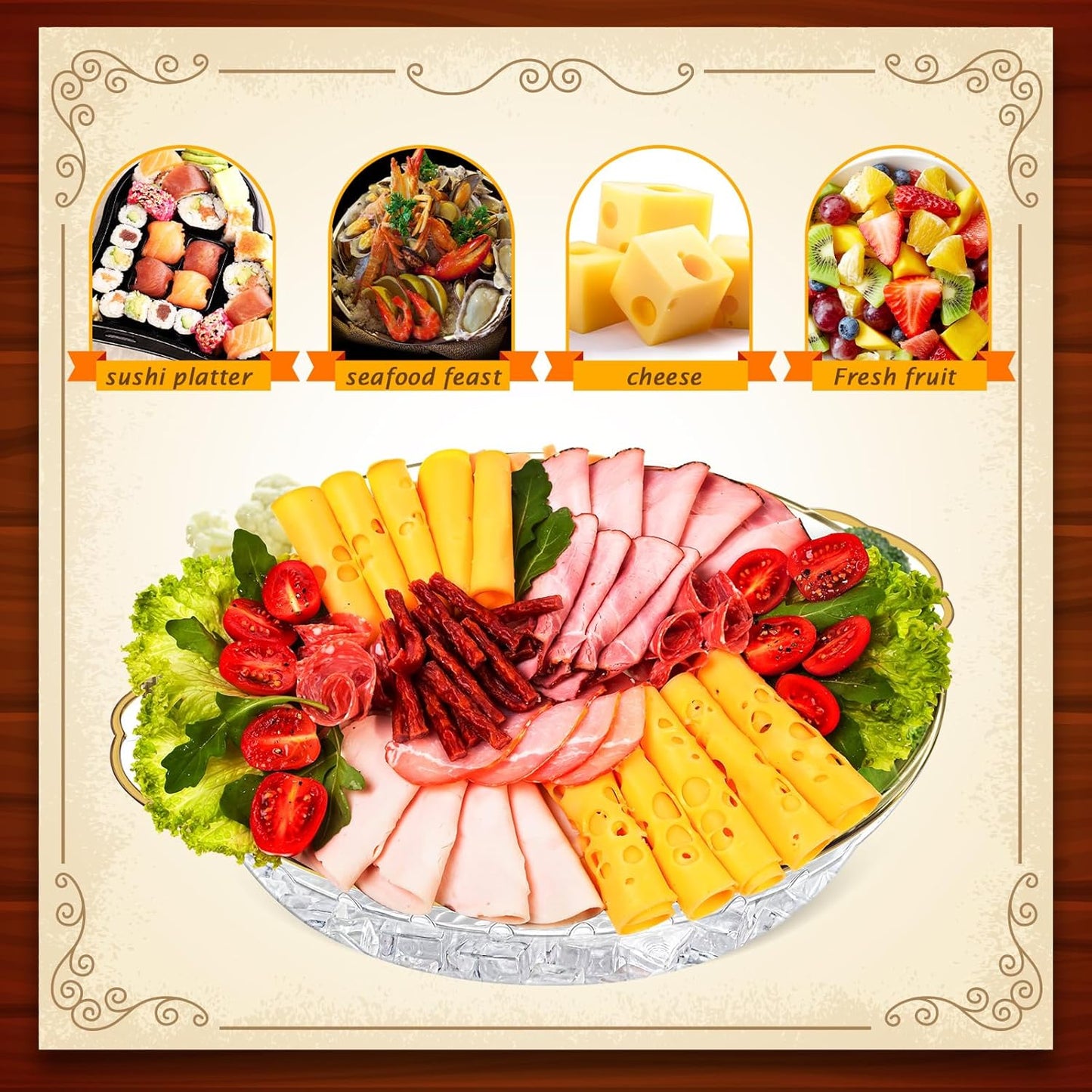 Baderke 9 Set 11.8" Chilled Serving Tray for Parties with Compartments Ice Chilled Party Platter Charcuterie Serving Board Cold Dish Dip for Fruit Seafood Vegetable Shrimp Cocktail (Gold)