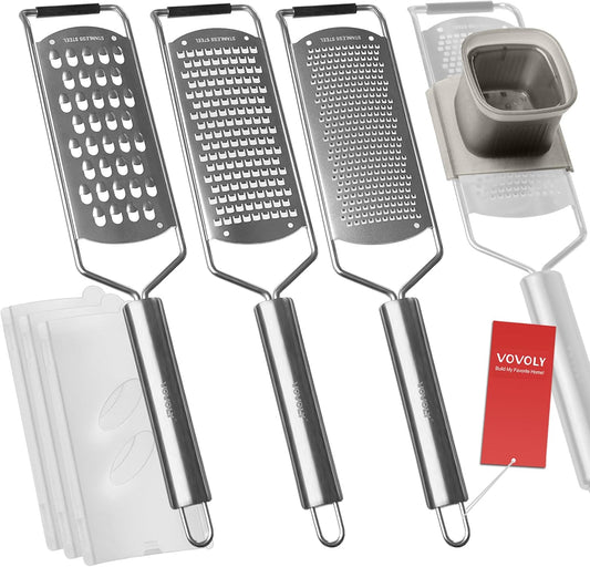 Vovoly 4-Pcs Pro Set Zester Grater Set, Cheese Grater with Razor-Sharp Stainless Steel Blade, Fine/Coarse/Extra Coarse/Slider Attachment