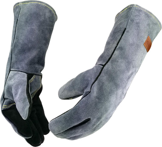 16 Inches,932℉,Leather Welding Gloves extra Large, Heat/Fire Resistant,Mitts for BBQ,Oven,Grill,Fireplace,Tig,Mig,Forge,Baking,Furnace,Stove,Pot Holder,Animal Handling Glove. XL, Black-gray