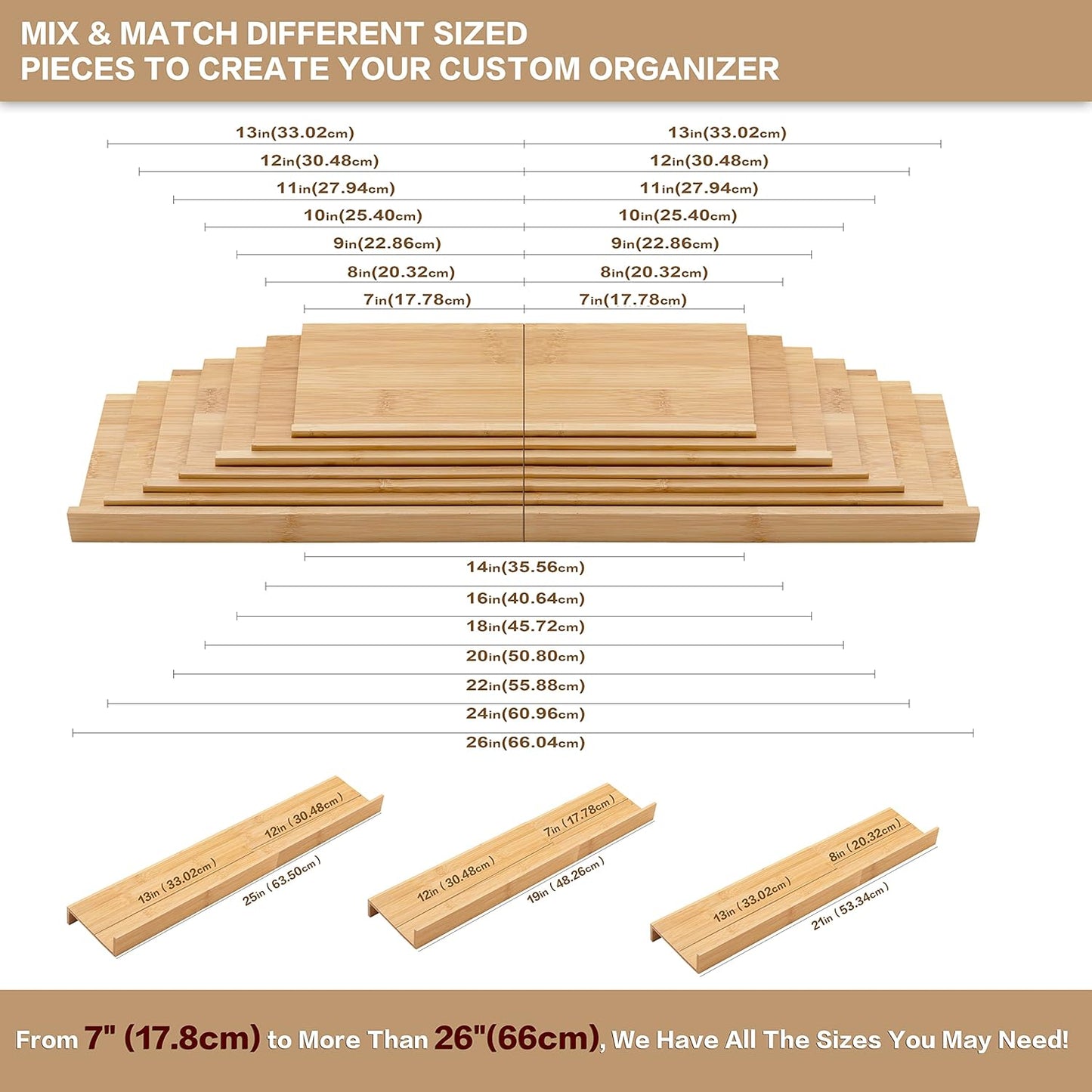 Bamboo Spice Rack Drawer Organizer - 8 Pieces Set- 9" Wide Per Piece - Combine Pieces Into 18" Wide Rack (9" or 18")
