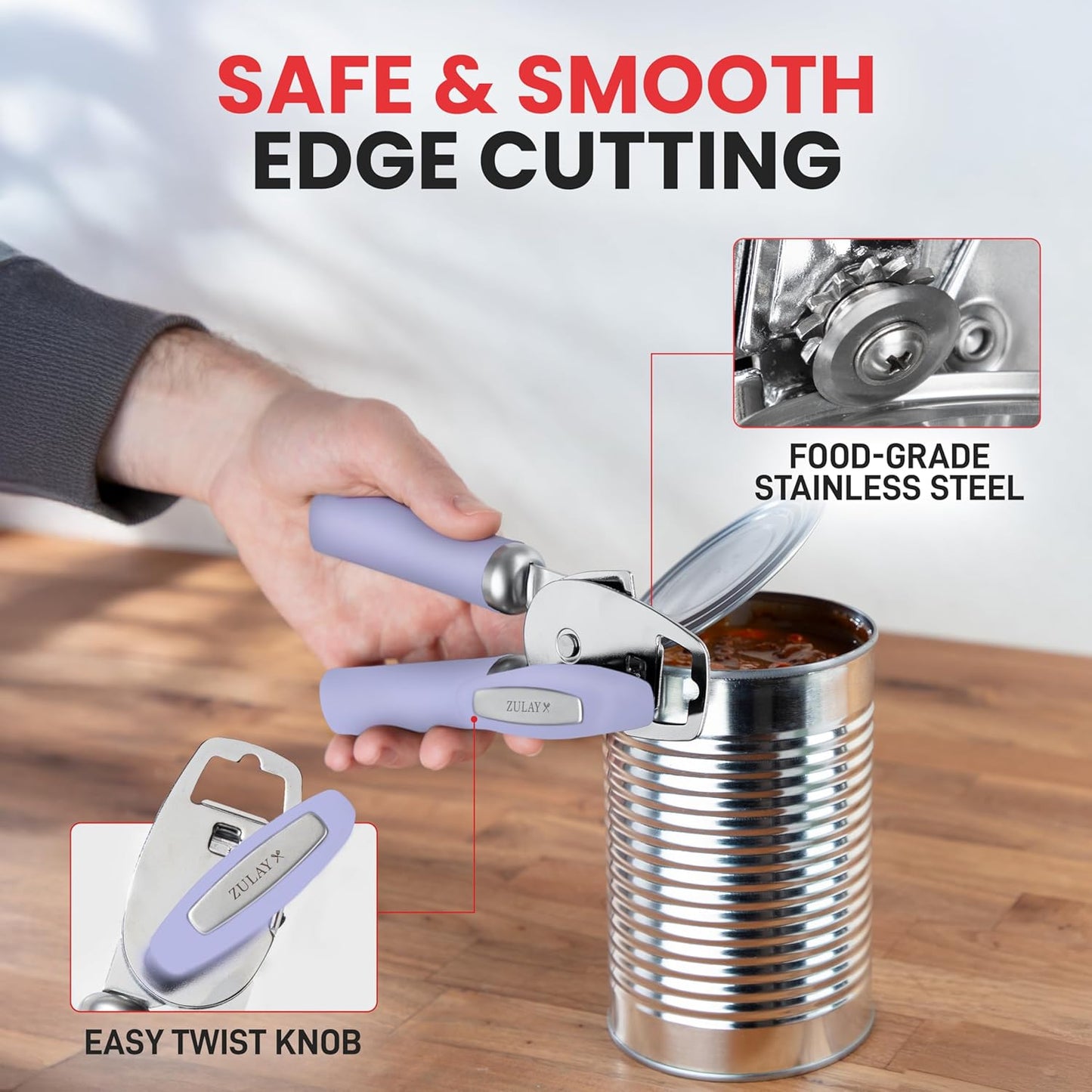 Zulay Kitchen Heavy Duty Stainless Steel Can Opener Manual with Bottle Opener - Rust Proof Manual Can Opener With Turn Knob & Comfy Soft Grip Handles - Periwinkle