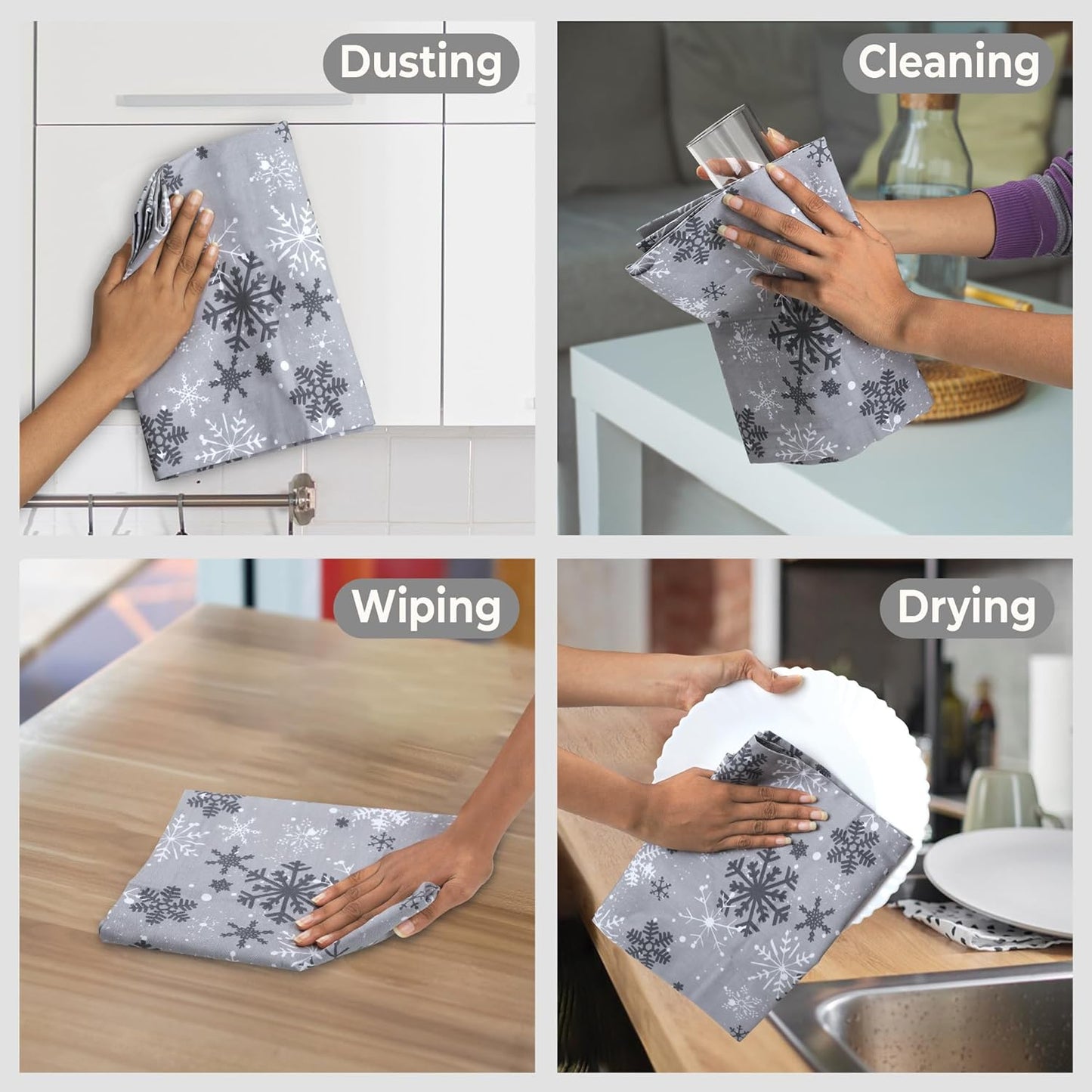 Urban Villa Christmas Kitchen Towels Grey Snowflake Print Premium Quality 100% Cotton Dish Towels Mitered Corners Over Sized 20X30 Inches Set of 6 Highly Absorbent Kitchen Towels with Hanging Loop