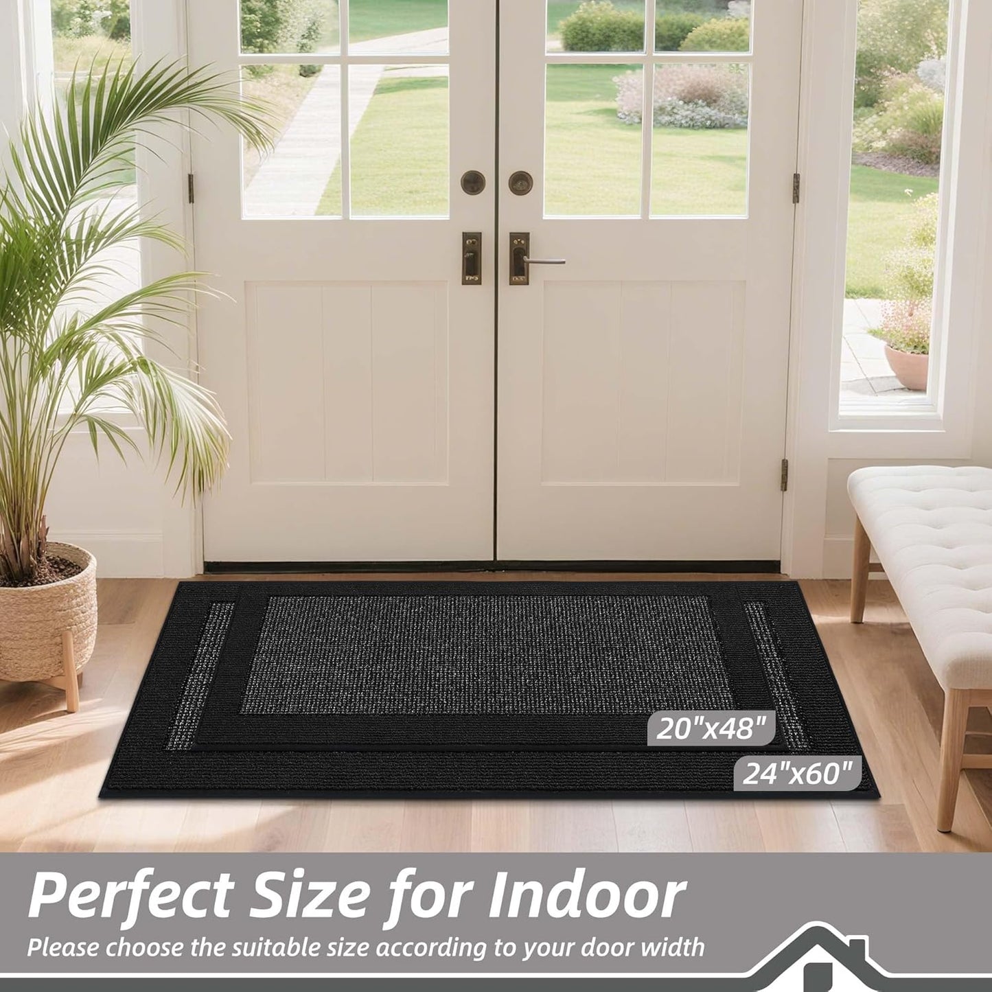 BEQHAUSE Indoor Door Mat 24" x 60", Dirt Trapper Door Mats Non-Slip Entryway Rugs Washable, Resist Dirt Absorbent Welcome Mat, Low Profile Floor Mats for Front Back Door and Entryway, Black
