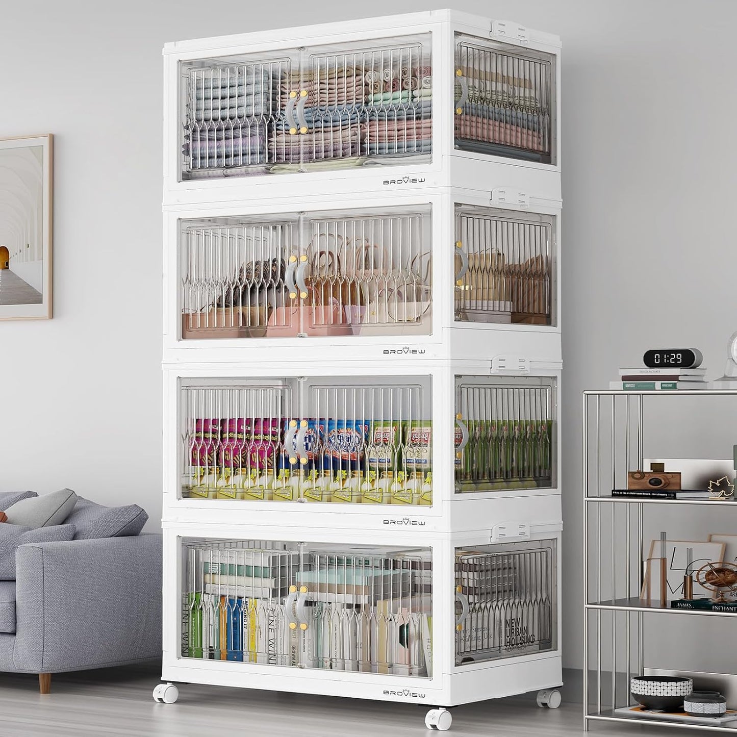 480QT Large Stackable Storage Bins with Lids, Plastic Closet Organizer and Storage Drawer, Collapsible Storage Box with Wheels, Folding Storage Cabinet with Doors for Home Kitchen, 4Pack White