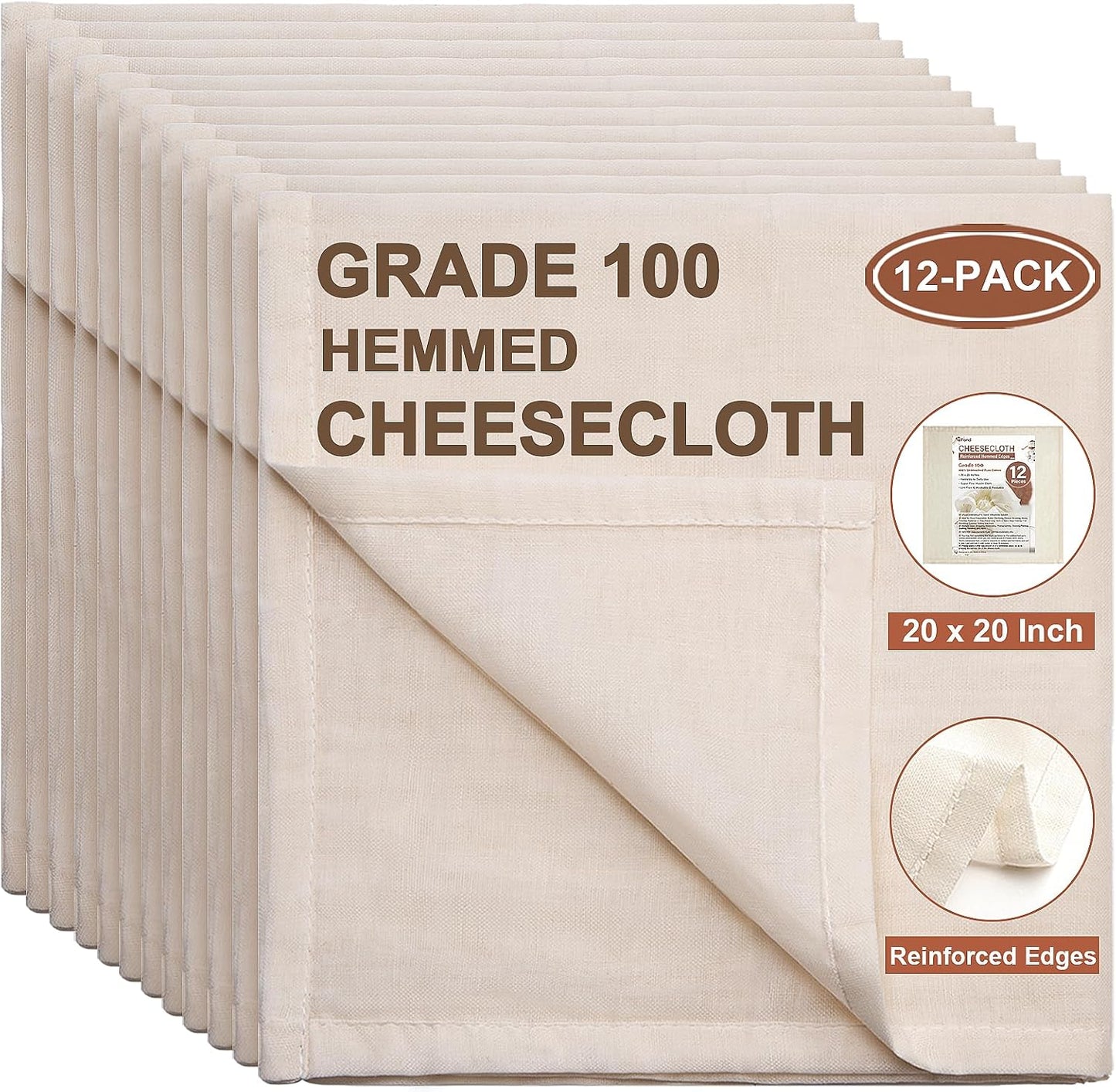 eFond Cheese Cloths | 12-Pack, 20x20Inch Squares with Hemmed Edges | Grade 100 Ultra Fine Reusable Cheesecloth for Straining | Unbleached Cotton Muslin Cloths | For Nut Milk, Butter, Baking & Cooking