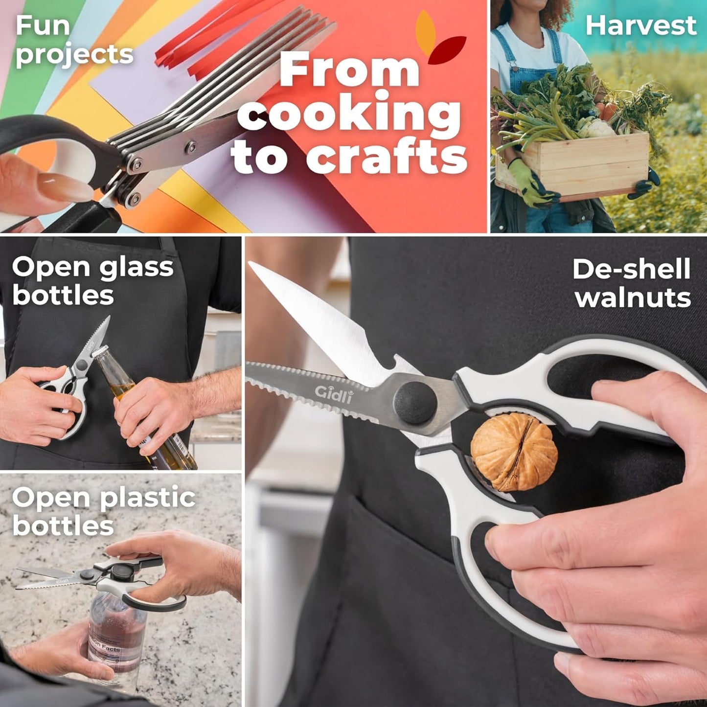 Gidli 2 Pack Herb Scissors & Kitchen Shears - Lifetime Replacement Warranty* - Herb Scissors with 5 Blades and Cover - Heavy Duty Vegetable Salad Multi Blade All-Purpose Food Shears Dishwasher Safe