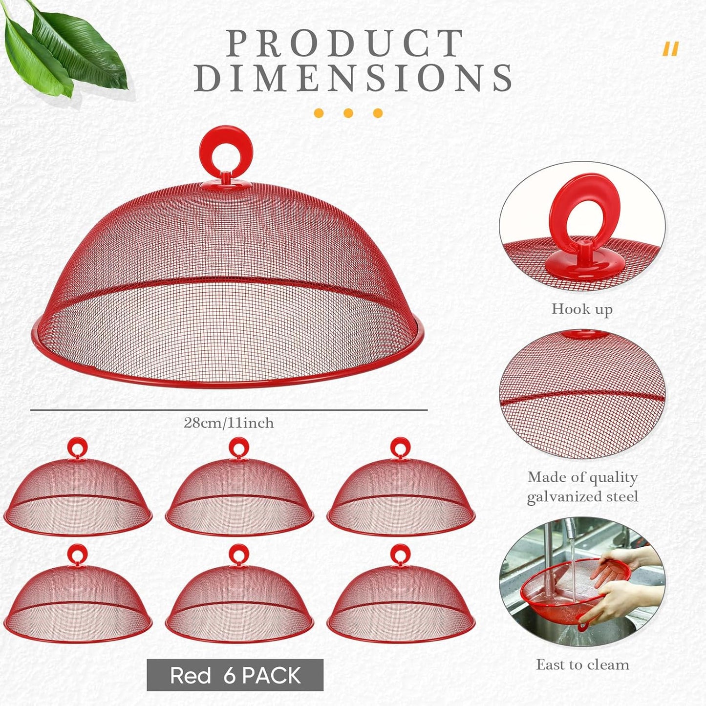 Gerrii 6 Pcs Metal Mesh Food Cover Outdoor Mesh Food Tents Dome Screen Plate Covers for Dinner Plates Reusable Fruit Fly Nets Picnic Food Umbrella for Table, BBQ, Camping, Party (Red,11 Inch)
