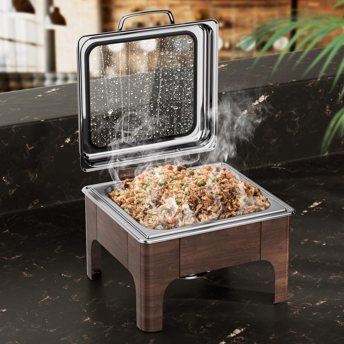 Chafing Dishes for Buffet, 6QT Square Stainless Steel Chafing Dish with Transparent Hydraulic Lid, 304 Food Pan, Buffet Warmer for Parties and Events (Wood Color)