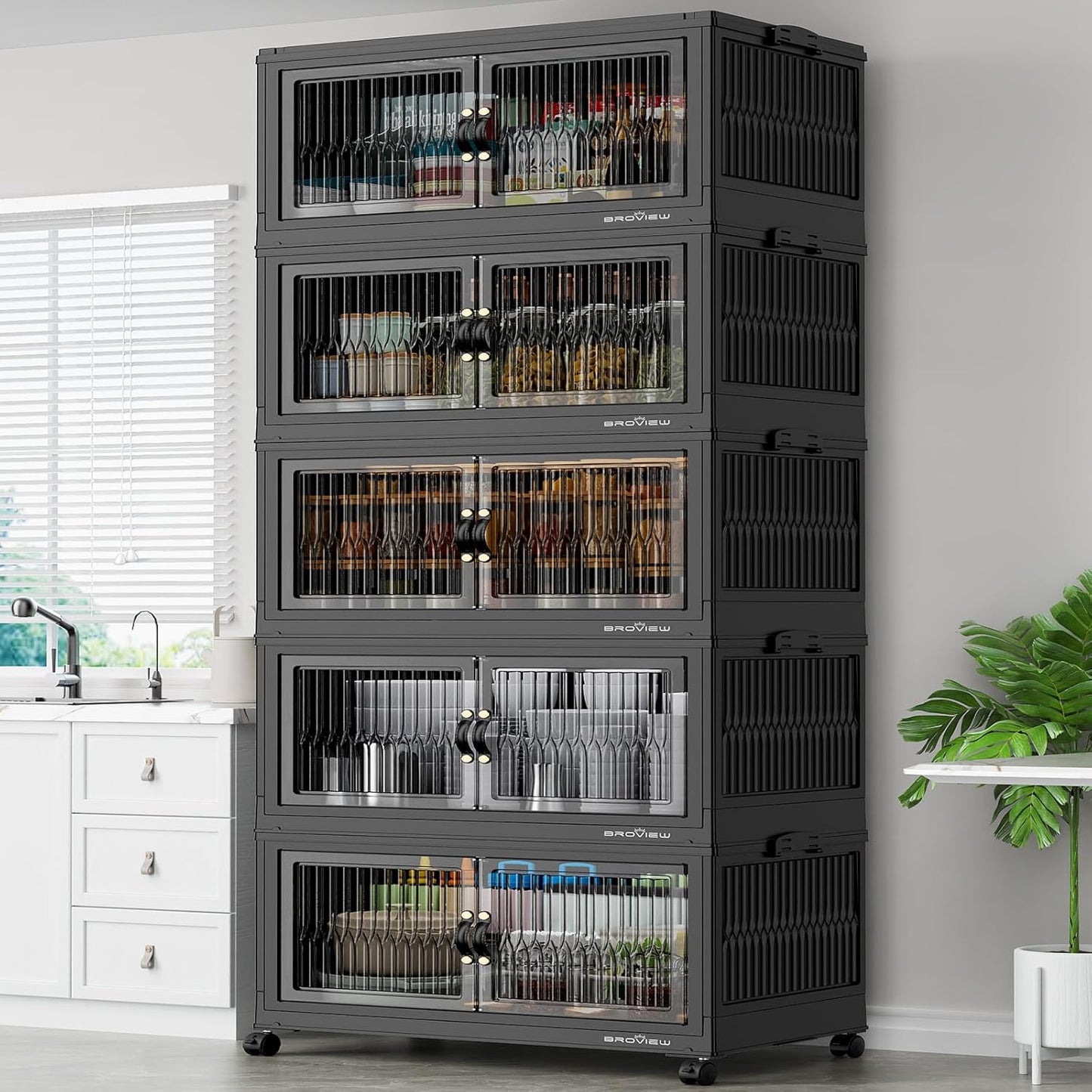 600Qt Stackable Storage Bins with 5 Lids, Extra Large Closet Organizer Collapsible Drawer Boxes with Wheels, Folding Plastic Cabinet Containers for Home Kitchen Room Organization, 5Pack Black