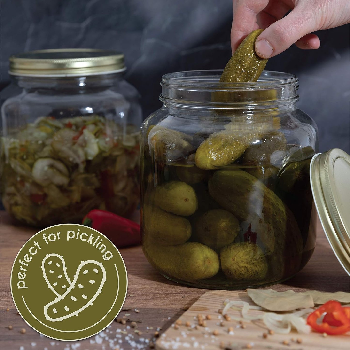 kitchentoolz 2 Pack Half Gallon Mason Wide Mouth Glass Jar with Airtight Metal Lid - 1/2 Gallon Mason Jar - Fermenting Kombucha Kefir - Curing Pickling, Storing and Canning - BPA-Free Gold Lid