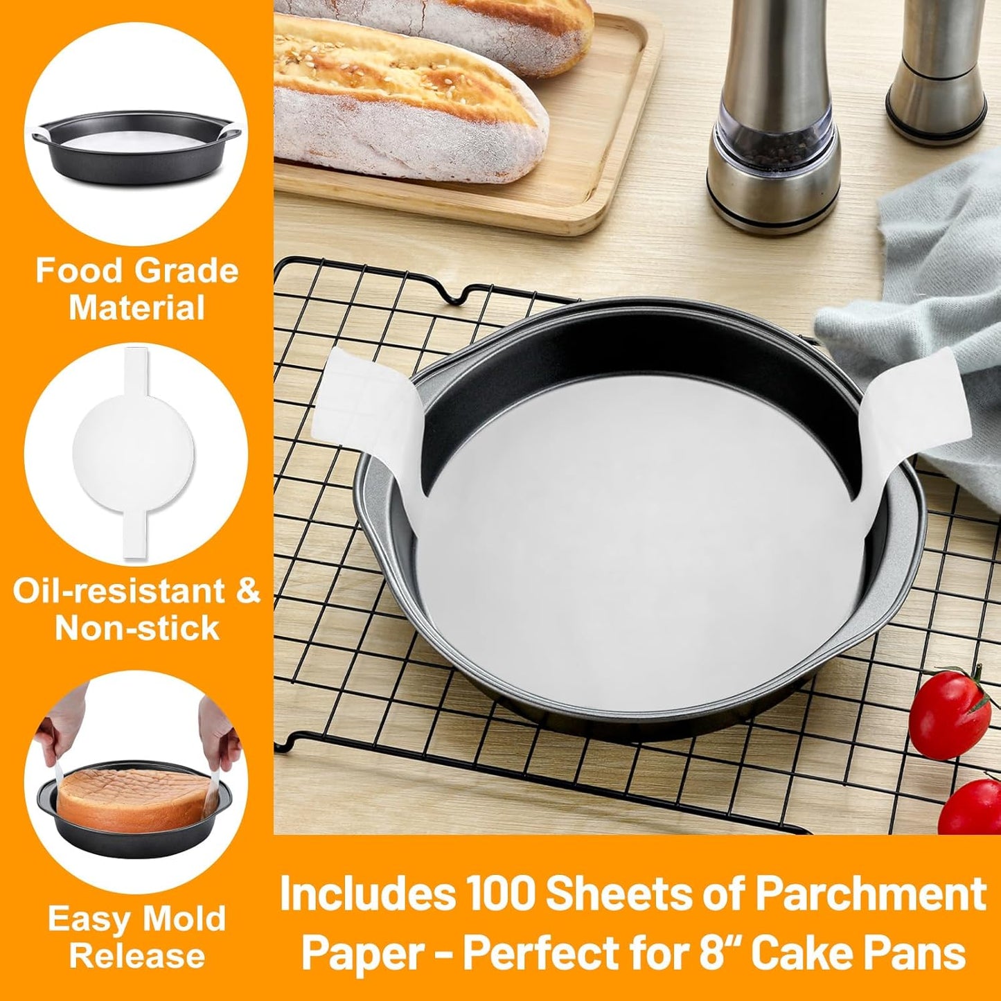 8 Inch Cake Pan - 3PCS Carbon Steel Round Cake Pans with 100 Pieces Parchment Paper, Non-stick & Easy Demolding, Non-toxic & Healthy