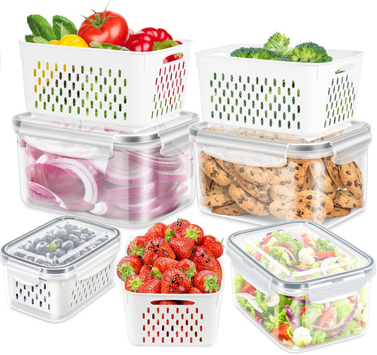 Fruit Storage Containers for Fridge, 4 Pack Produce Saver Vegetable Container with Drain Colanders - Refrigerator Organizer for Lettuce Keepers Berry Container