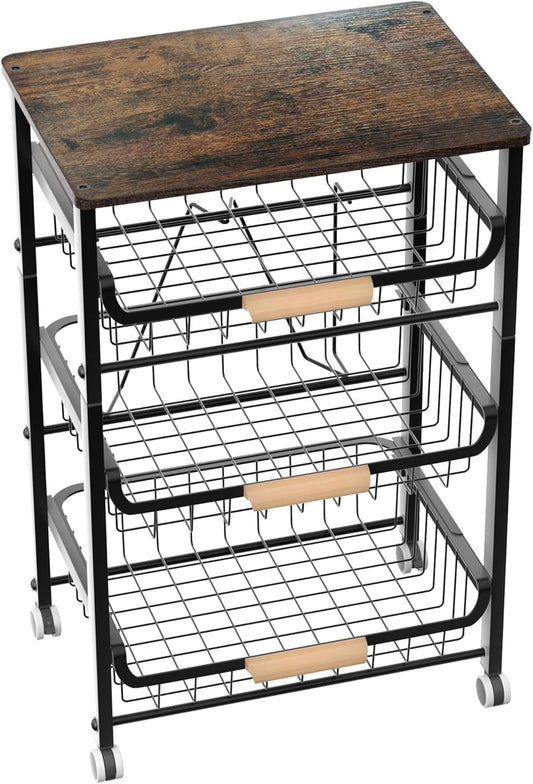 4-Layer Fruit Basket Kitchen Food Organizer and Rack, Stackable Storage Cart with Desktop, Pull-Out Hollow Metal Basket, Sliding Out Storage (Black 4-Layer Rack)