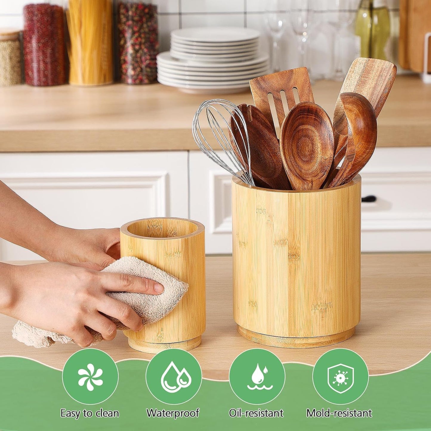 2 Pack Wooden Utensil Holder, 360°Rotating Kitchen Cooking Utensil Crock, Spoon Spatula Holder for Kitchen Counter, Farmhouse Countertop Organizer(Bamboo,Round)