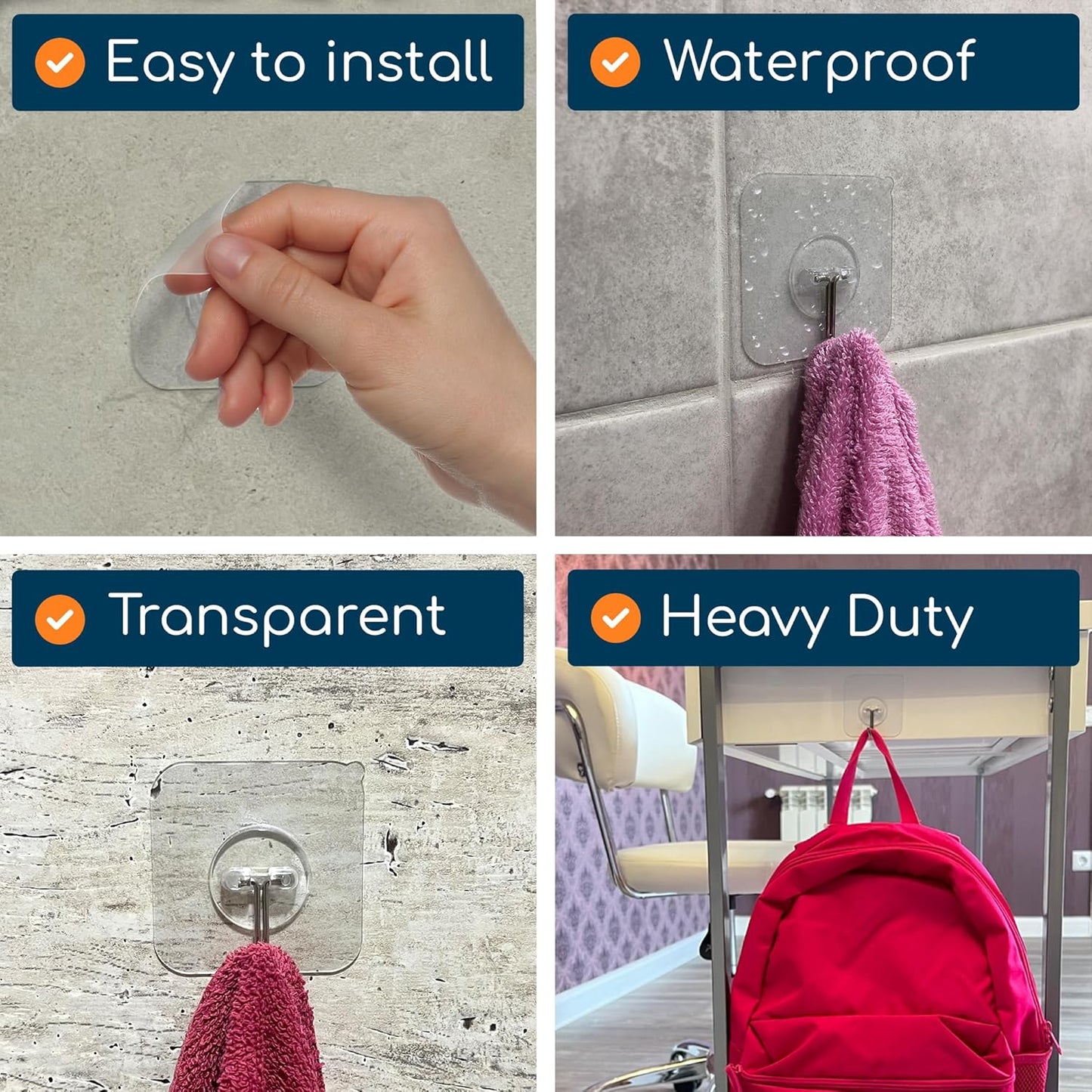 GLUIT Adhesive Wall Hooks for Hanging Heavy Duty 22 lbs Hooks for Walls No Damage, Towel Sticky Clear Hook, Waterproof, Home, Bathroom, Kitchen, Office, and Outdoor 12 Pack