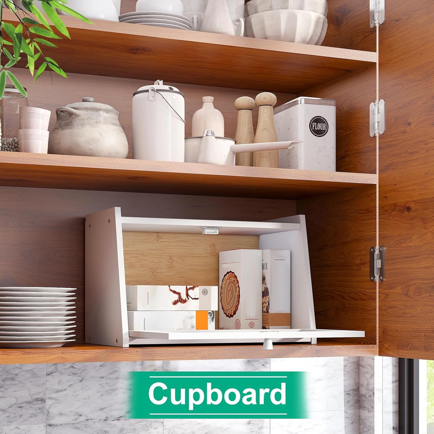 Bread Box for Kitchen Counter, Large Bamboo Bread Storage Container with Wavy Arcylic Door, Bamboo Wooden Farmhouse Bread Box for Your House (White, Medium)