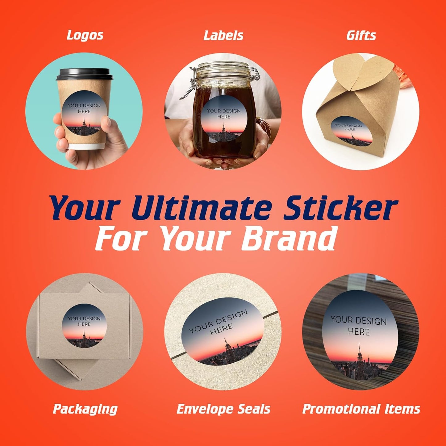 100 Custom Vinyl Stickers - Upload Your own Image, Text, Design, Logo - Personalized Logo Labels for Handmade, Packaging, Bottle, Jars, Candle, Brand Stickers (City, 1x1)