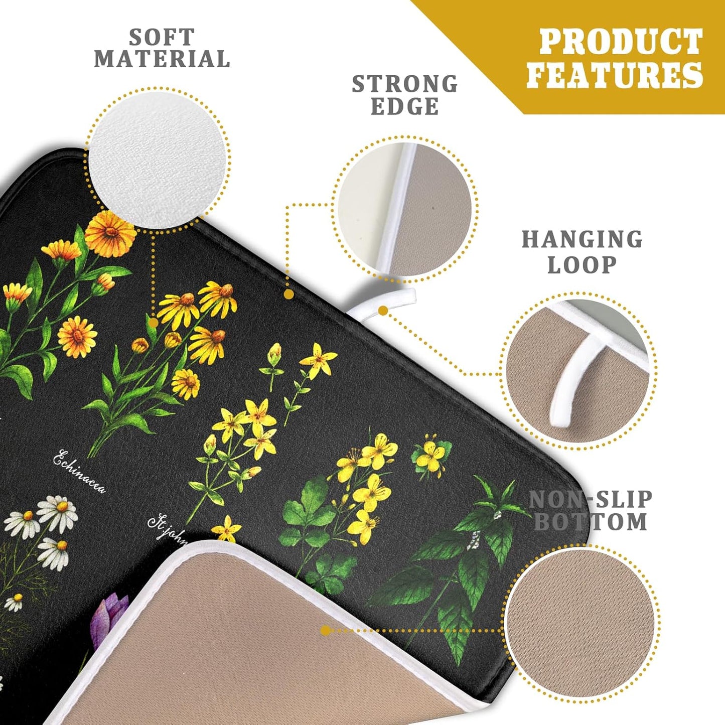 Black Flower Herbs Dish Drying Mat 16x18 Inch Botanical Floral Microfiber Drying Mats with Hanging Loop Foldable Absorbent Dish Drainer Rack Pad