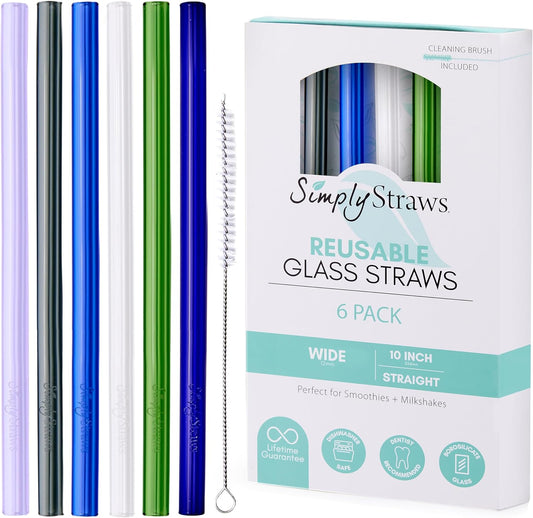Simply Straws Wide Glass Straws (6-Pack) - 10in x 12mm Reusable Glass Smoothie Straws for Milkshakes, Juices & Slushies, with Cleaning Brush - Dishwasher Safe, Hot & Cold Use, BPA-Free (Seaglass)