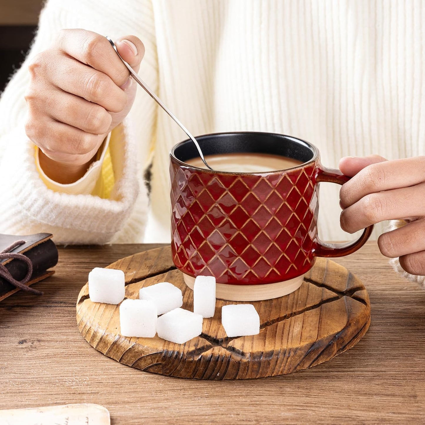 GBHOME 12 OZ Stackable Coffee Mugs, Ceramic Coffee Cups with Texture Patterns for Man,Woman,Dad,Mom, Modern Coffee Mugs Set of 4 for Latte/Cappuccino/Cocoa. Dishwasher&Microwave Safe, Red
