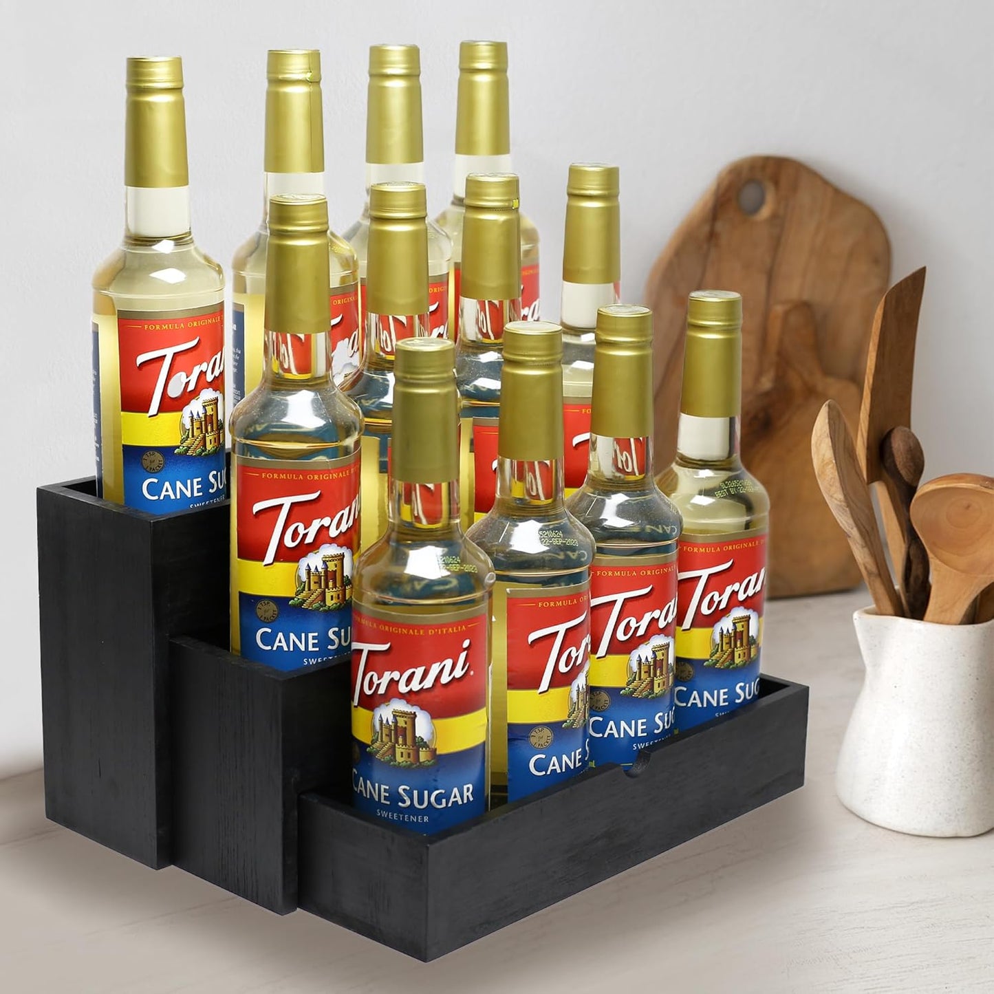 Black Wood Coffee Syrup Rack Organizer, 3-Tier Separated Bottle Holder for Coffee Bar, 12 Bottle(750ml) Storage Stand for Syrup, Wine, Dressing