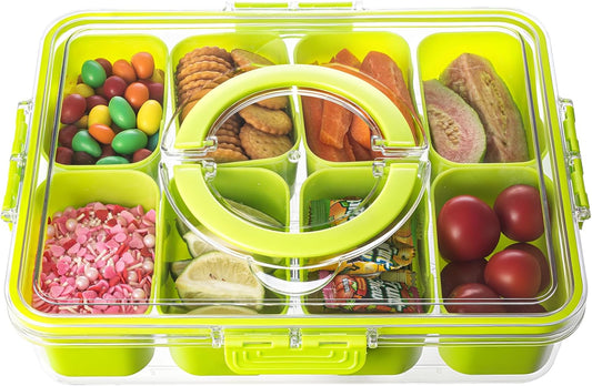 Divided Serving Tray with Lid and Handle - Snackle Box Charcuterie Container for Portable Snack Platters Organizer for Candy, Fruits, Nuts, Snacks - Perfect for Party, Entertaining, Green