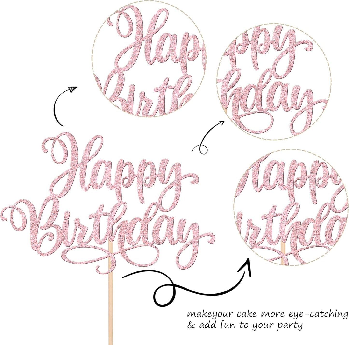 1 PCS Happy Birthday Cake Topper Glitter Happy Birthday Cake Pick Bunting Decor for Anniversary Celebrating Happy Birthday Party Cake Decorations Supplies Light Pink