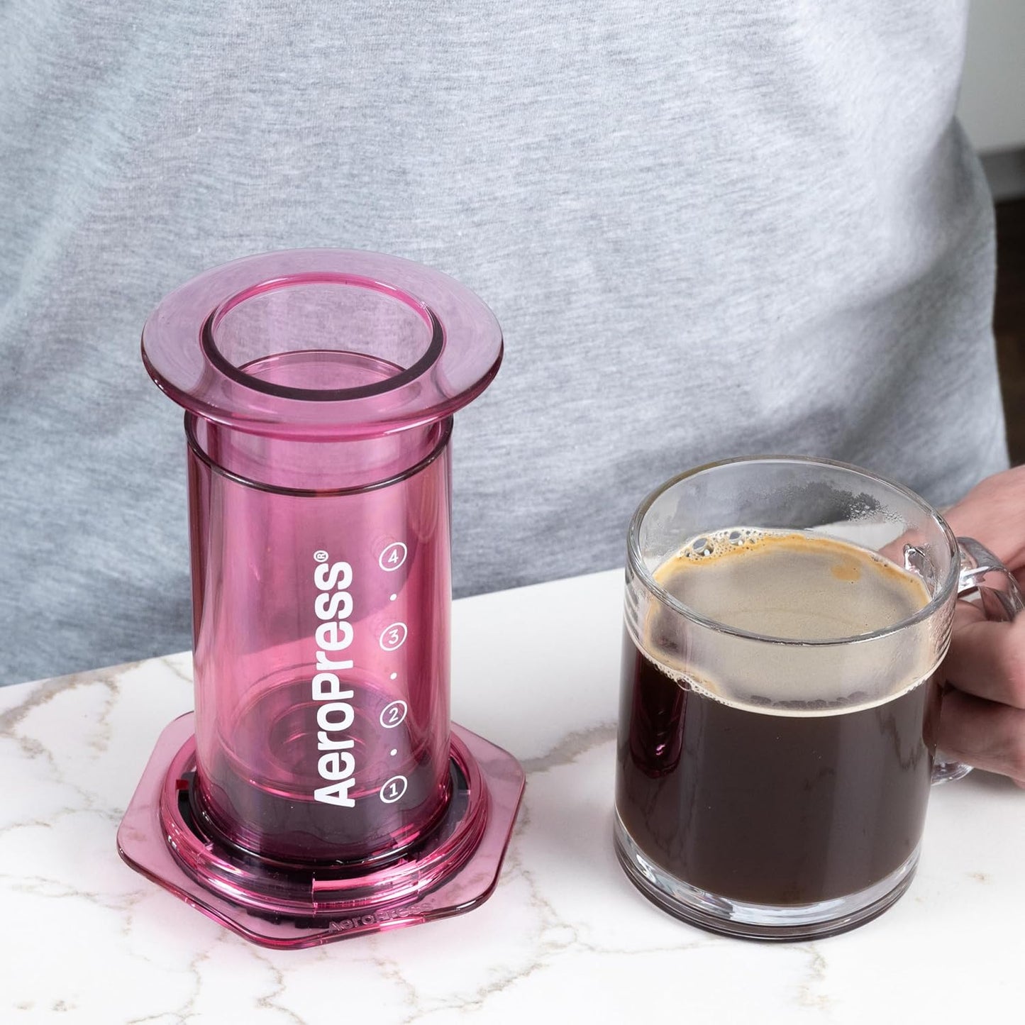 AeroPress Clear Pink Coffee Press – 3 In 1 Brew Method Combines French Press, Espresso, Full Bodied Coffee Without Grit or Bitterness, Small Portable Coffee Maker for Camping & Travel, Pink