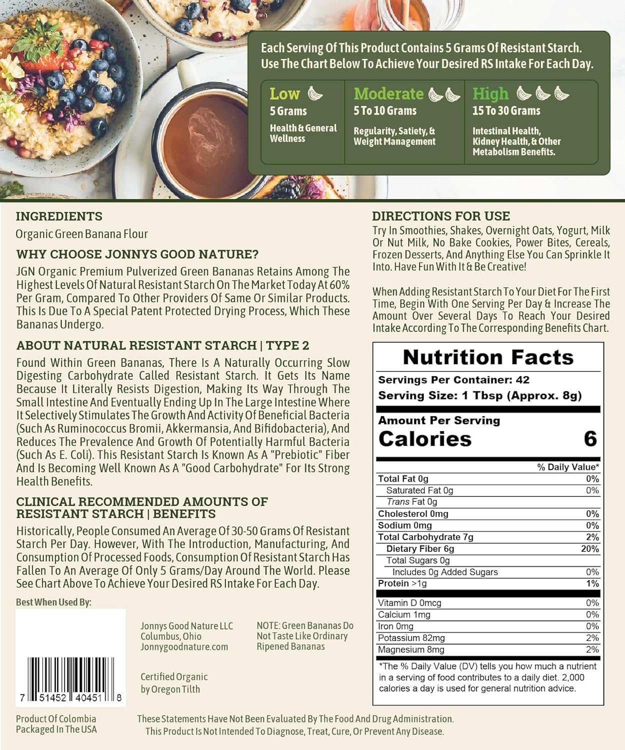 Jonnys Good Nature Organic Ultra High Resistant Starch Premium Green Banana Flour | On Average [10x's] More Prebiotic Fiber Per Gram Than Other Green Banana Flours On The Market | 42 Servings