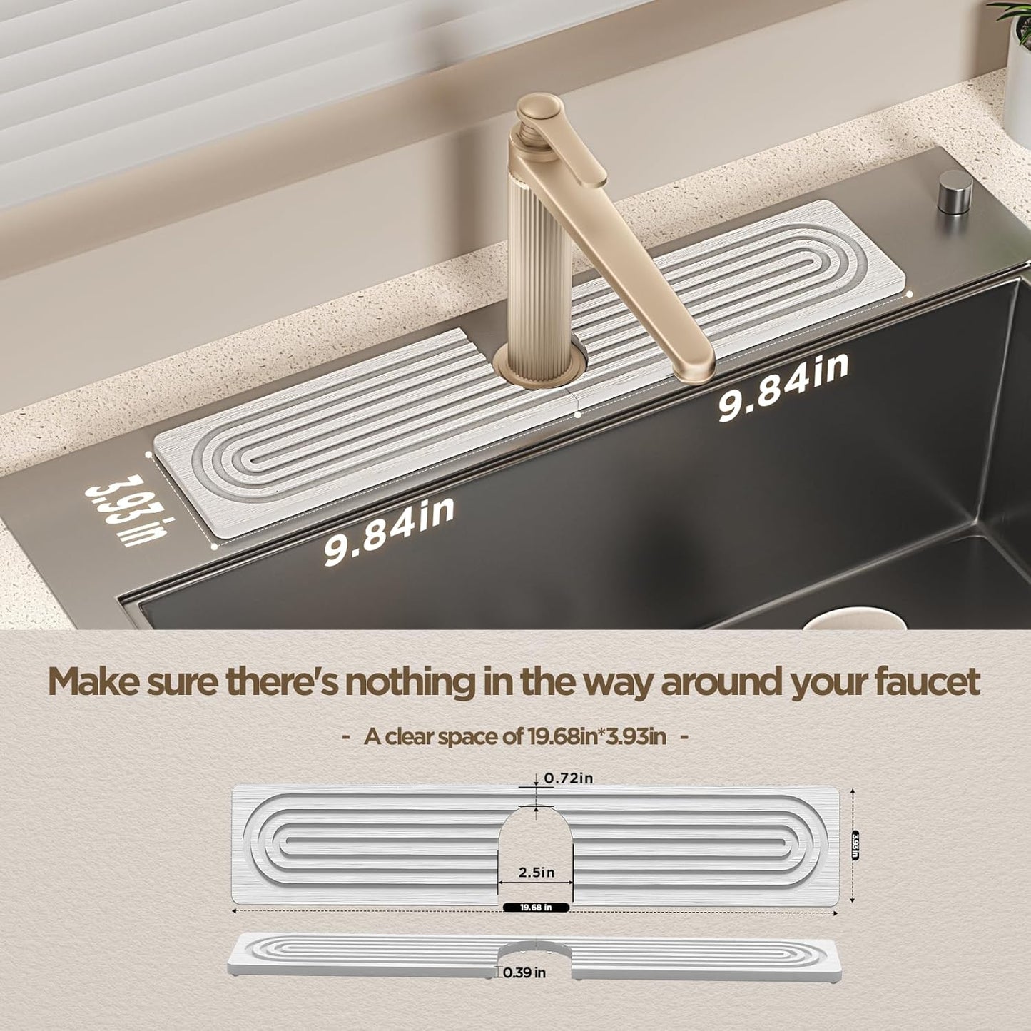 Faucet Mat for Kitchen Sink, Diatomite Stone Drying Sink Protectors, Bathroom Faucet Splash Guard, Quick Dry Water Absorbing, Non-Slip Stone Tray for Kitchen Counter, White, 20" x 3.9"