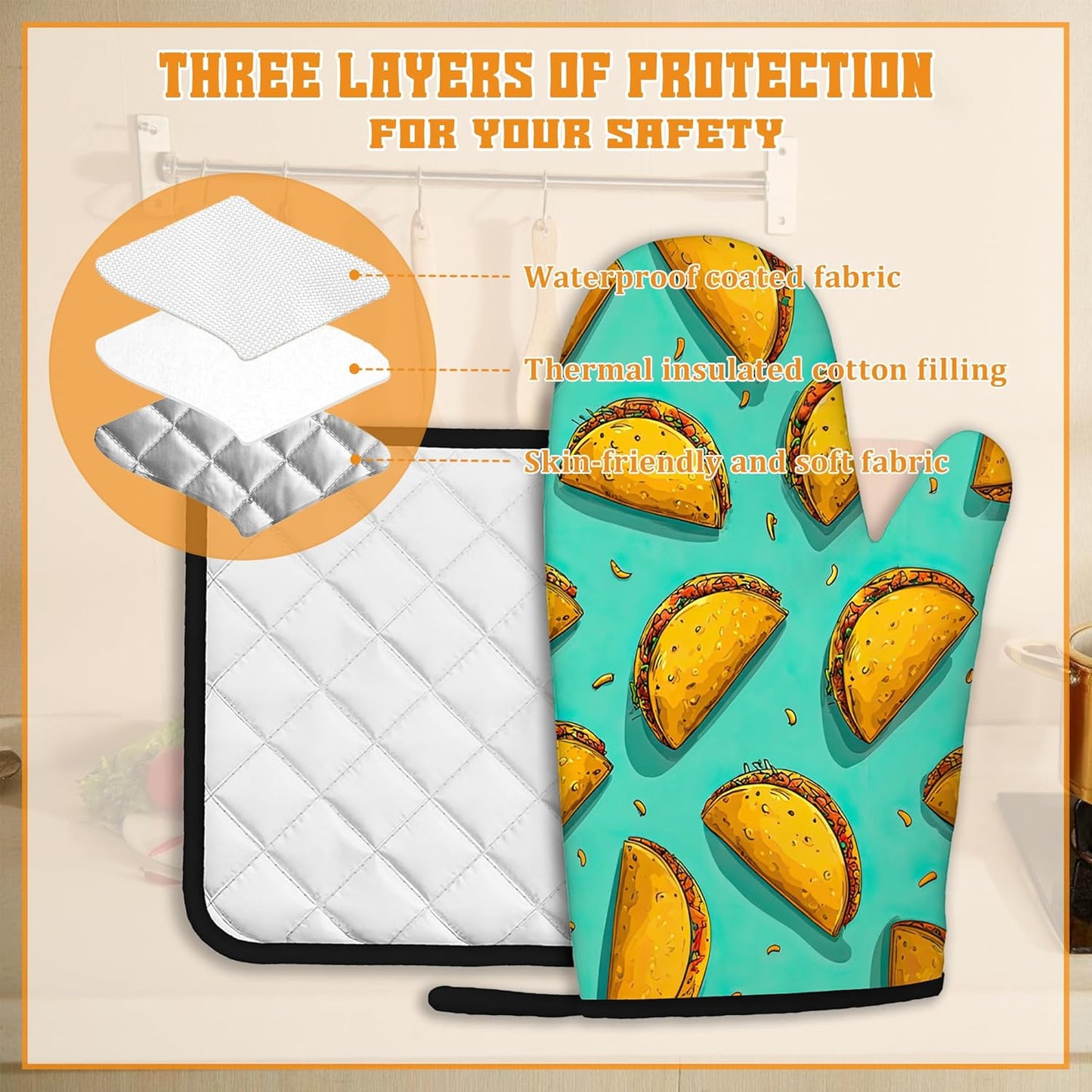 Mexican Taco Oven Mitts and Pot Holders Set,Kitchen Oven Gloves and Pot Holder with Heat Resistant Non Slip for Cooking Baking Grilling(4 Piece Set)