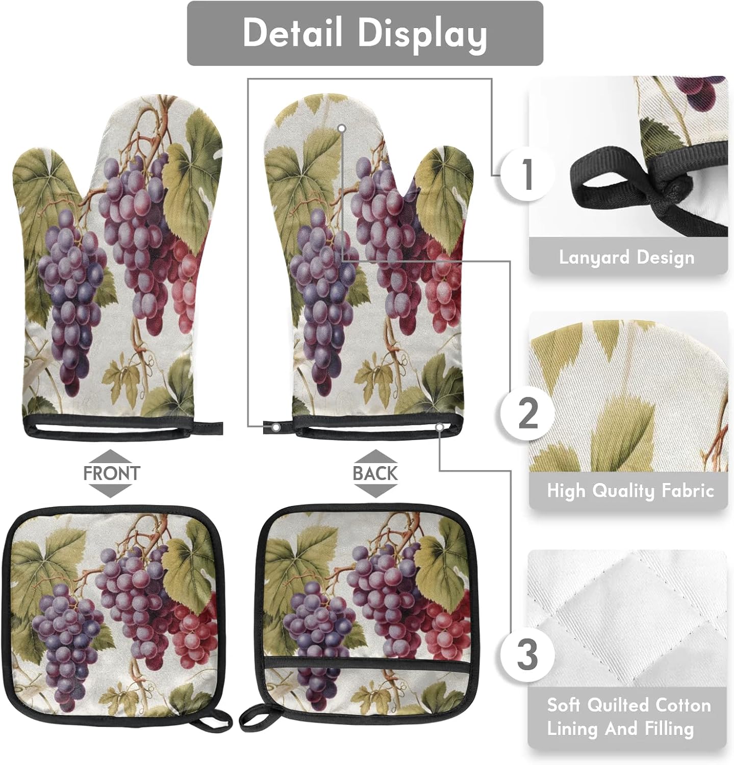 Vintage Grapes Vine Oven Mitts and Pot Holders Sets, 2 Pcs Decorative Kitchen Oven Glove for Cooking