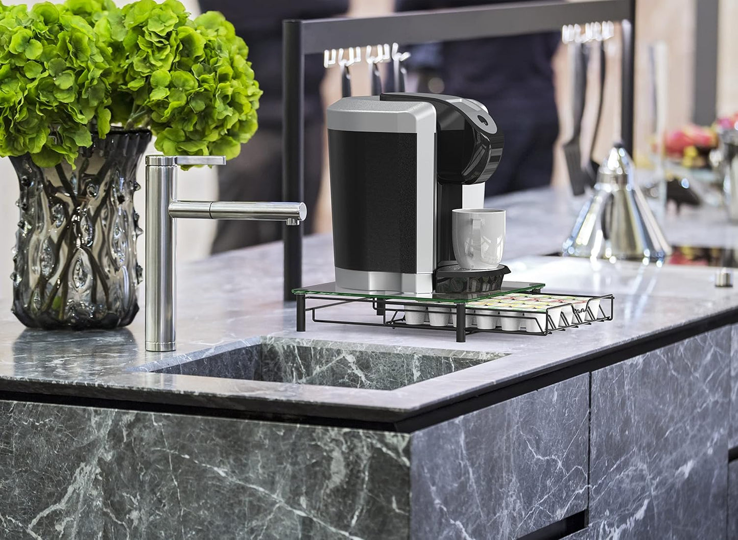 Deco Brothers Crystal Tempered Glass K-Cup Holder Drawer for 30 Coffee Pods Storage, Black