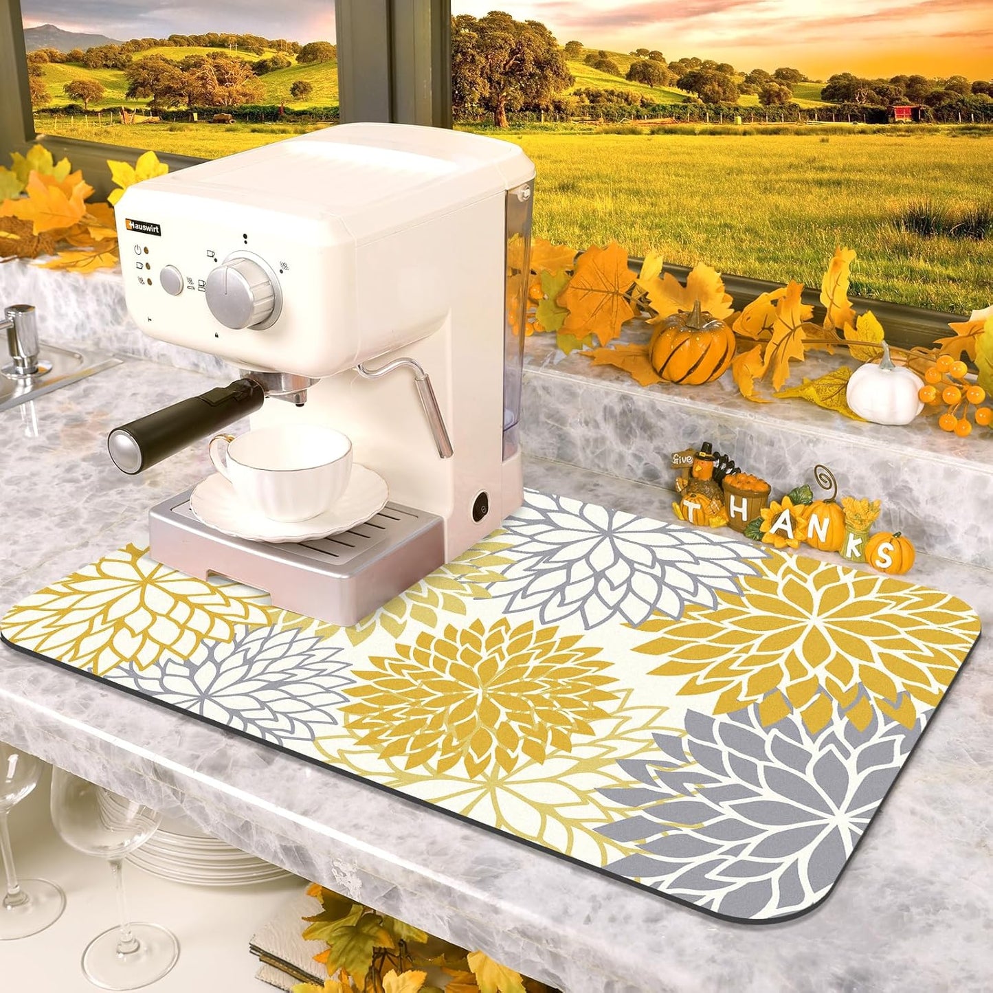 Findosom 2PCS 16" x 24" Dish Drying Mat & 24" x 5.5" Sink Splash Guard, Super Absorbent & Cuttable Dish Mat Drying Kitchen Mat with Yellow Floral, Hide Stain Drying Mat for Kitchen Counter