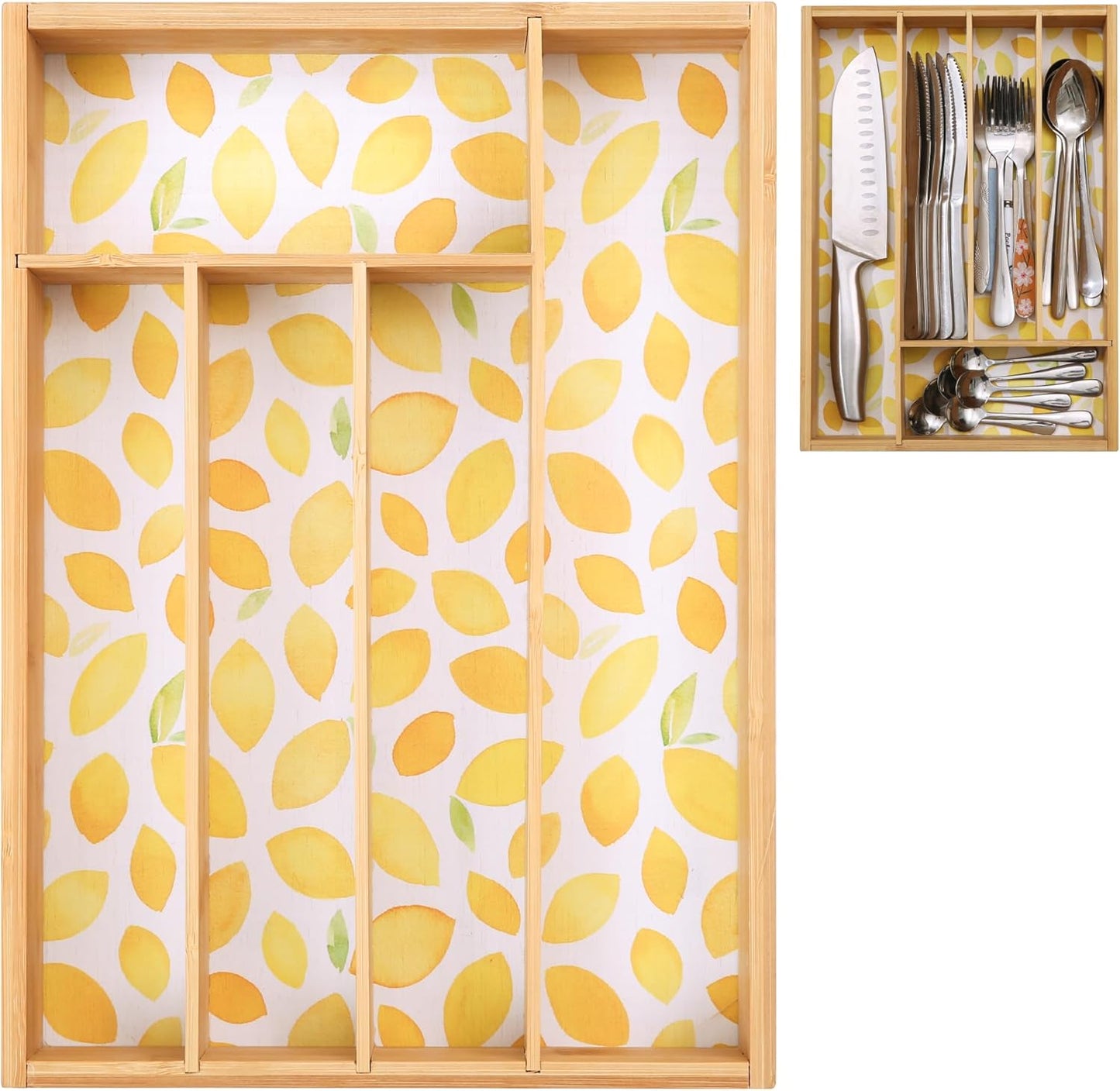 Drawer Organizer - Silverware Organizer with 5 Slots, Lemon Print