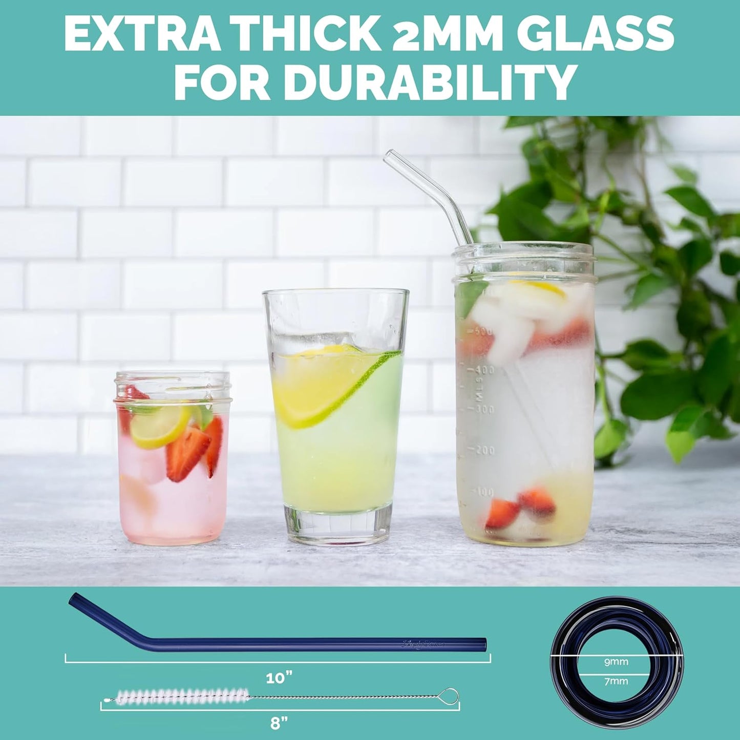 Simply Straws 10 Inch Glass Straws Bent (6-Pack) – Reusable Glass Straws for 24 Oz Mason Jars & Tumblers, with Cleaning Brush – Durable, Dishwasher Safe, Hot & Cold Use, BPA-Free (Seaglass)