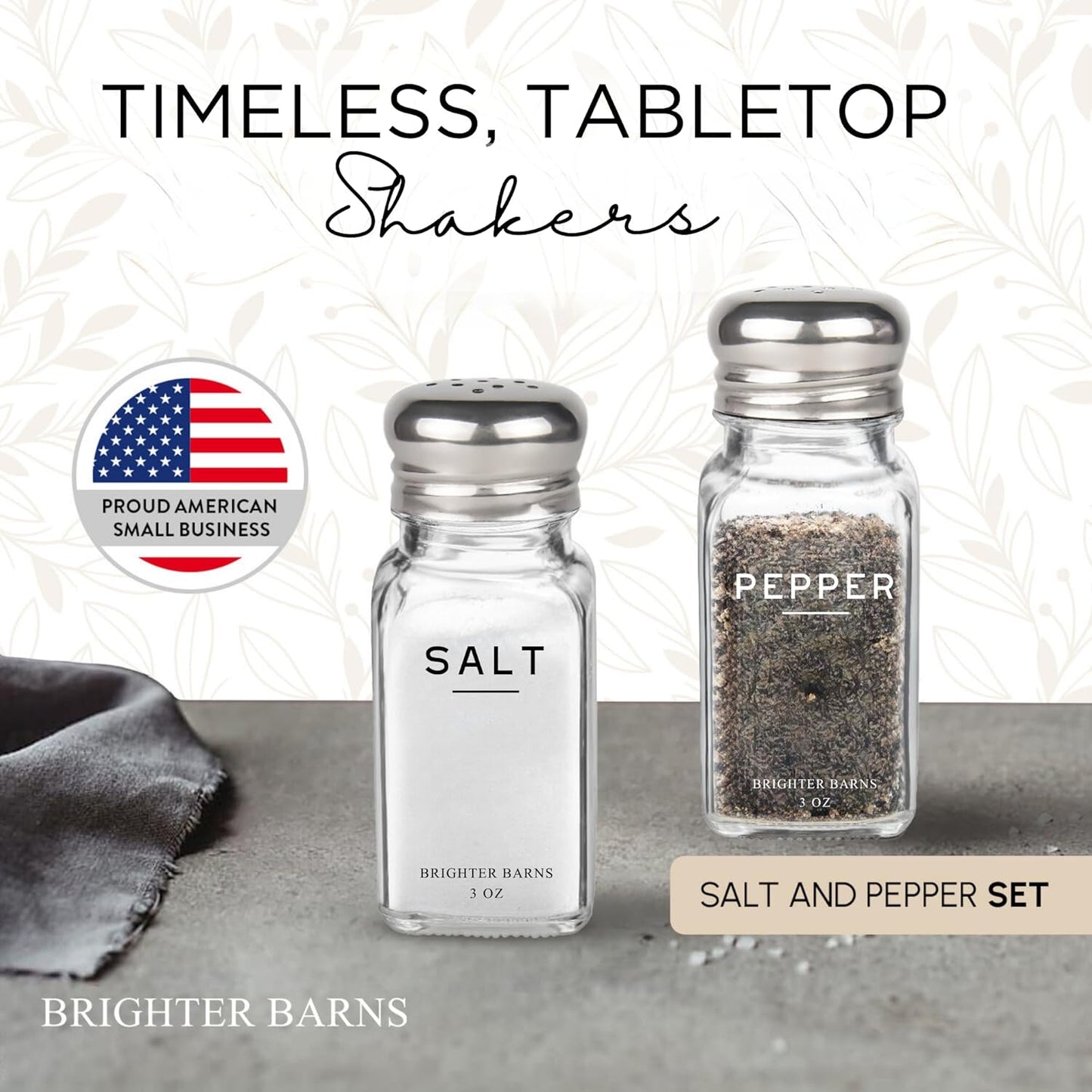 Glass Salt and Pepper Shakers Set by Brighter Barns - Modern Kitchen Decor, Dining Table Countertop Accessory - Rustic, Farmhouse, Vintage Glass Shakers with Stainless Steel Lids for Home, Restaurant