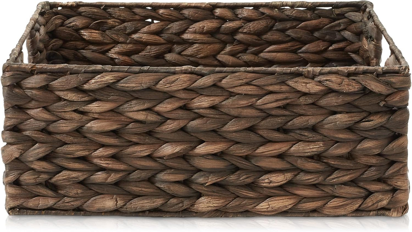 Casafield Set of 4 Water Hyacinth Pantry Baskets, 10" x 13" x 5", with Chalkboard Labels and Chalk Marker - Espresso, Woven Storage Bin Organizers for Kitchen Shelves