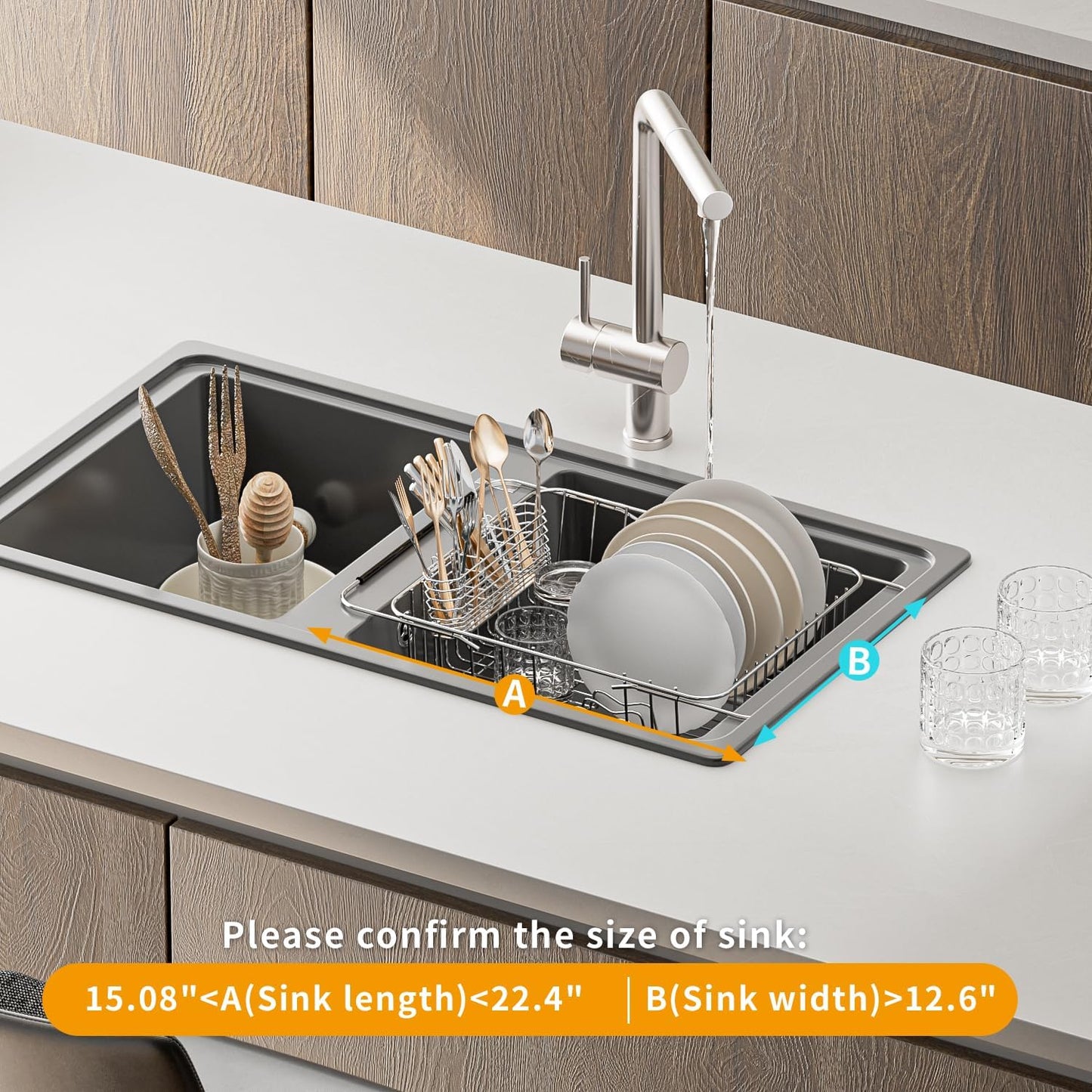 JAQ Dish Drying Rack in-Sink, 304 Stainless Steel Dish Drainer with Stainless Steel Silverware Holder Over Inside Sink-Adjustable 15.16" to 20.59" Maximium 13 Upright Dishes