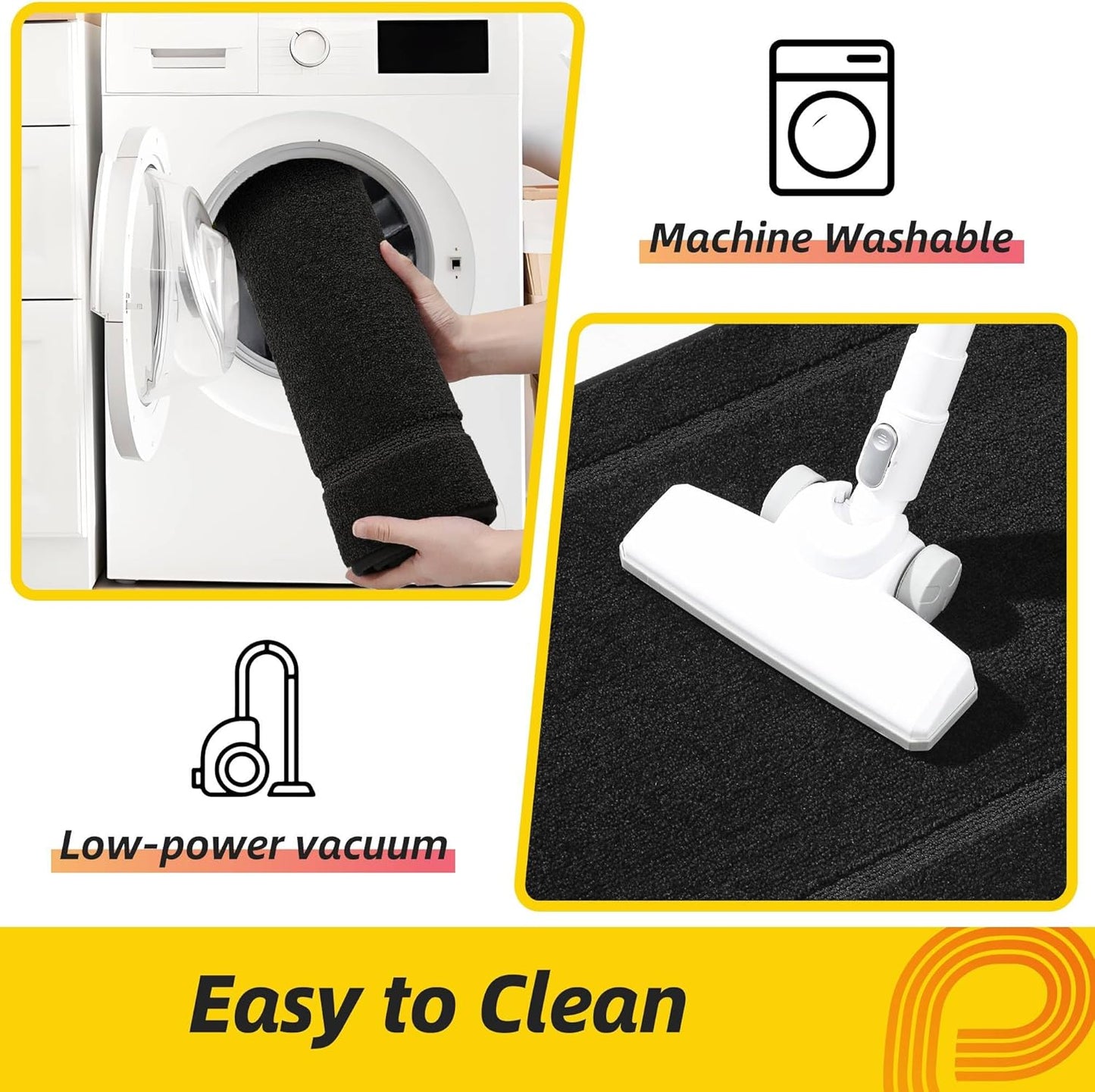 JSEI Non-Slip Kitchen Mats, Self Adhesive No Sliding Kitchen Rugs Set of 2, Washable Absorbent Floor Mat for Kitchen, Bathroom, Laundry Room, Bedroom, 20”x32”+20”x48”, Black, Rectangular Pattern